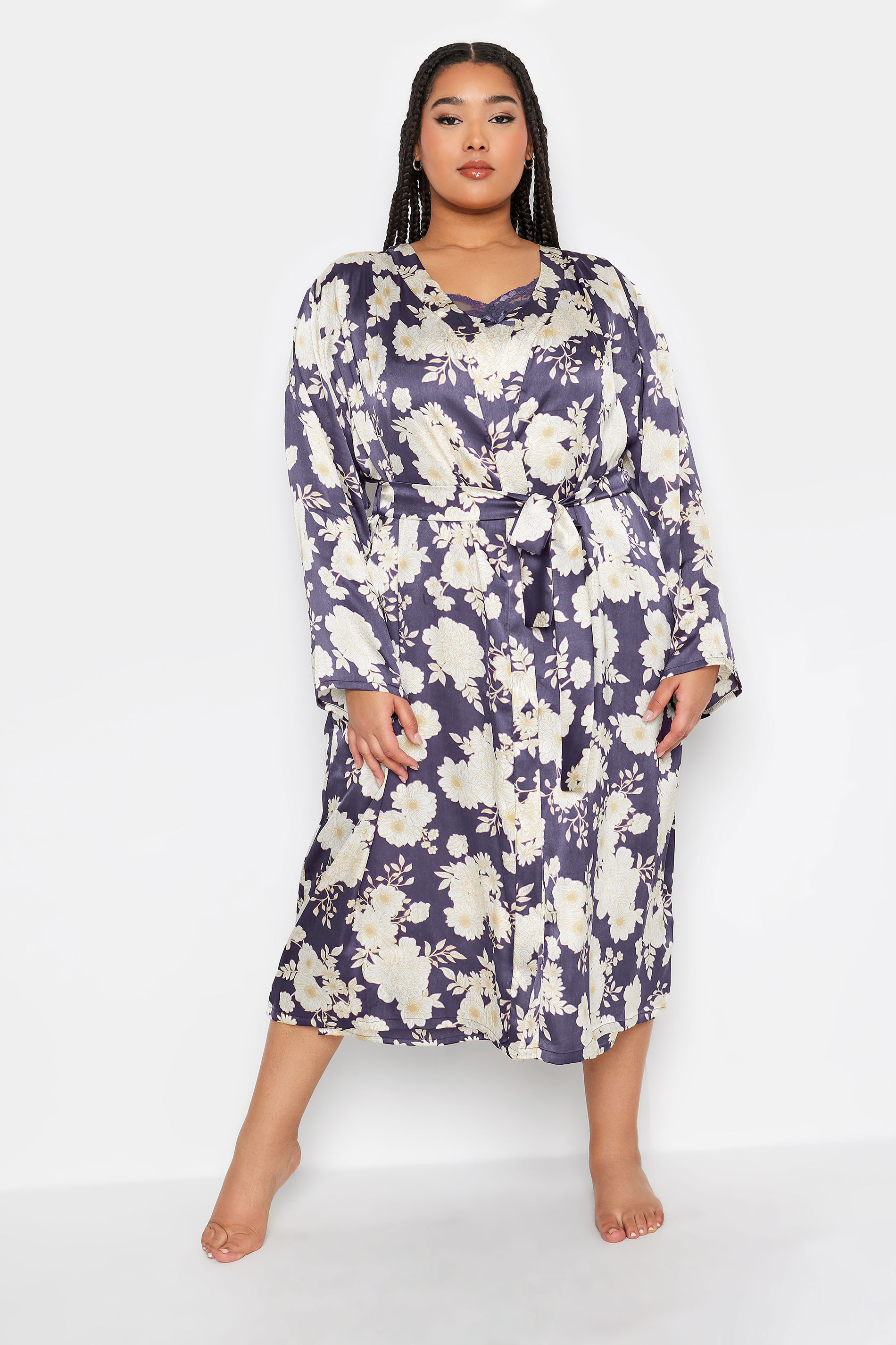 YOURS Plus Size Purple Floral Print Satin Robe | Yours Clothing 1