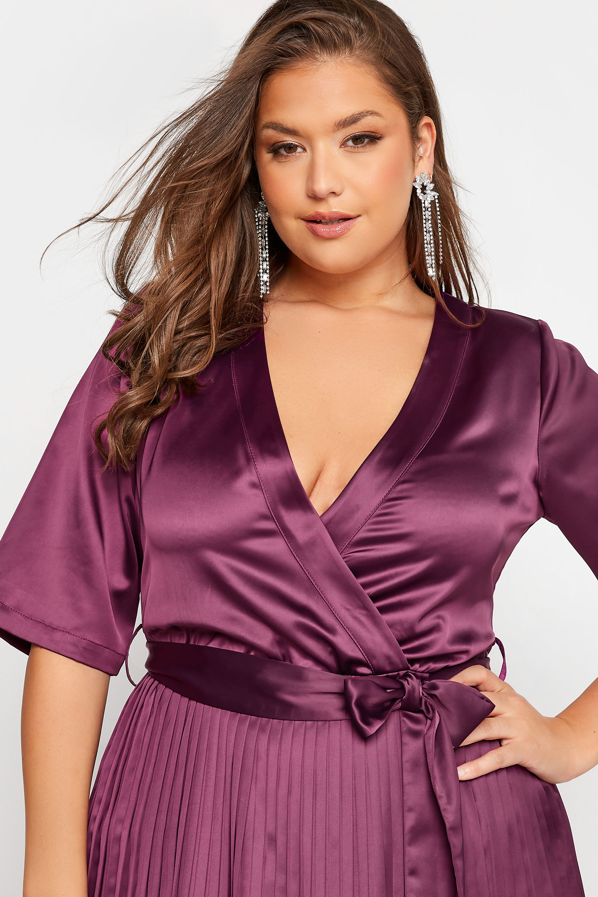 Yours London Plus Size Purple Satin Pleated Wrap Dress Yours Clothing 