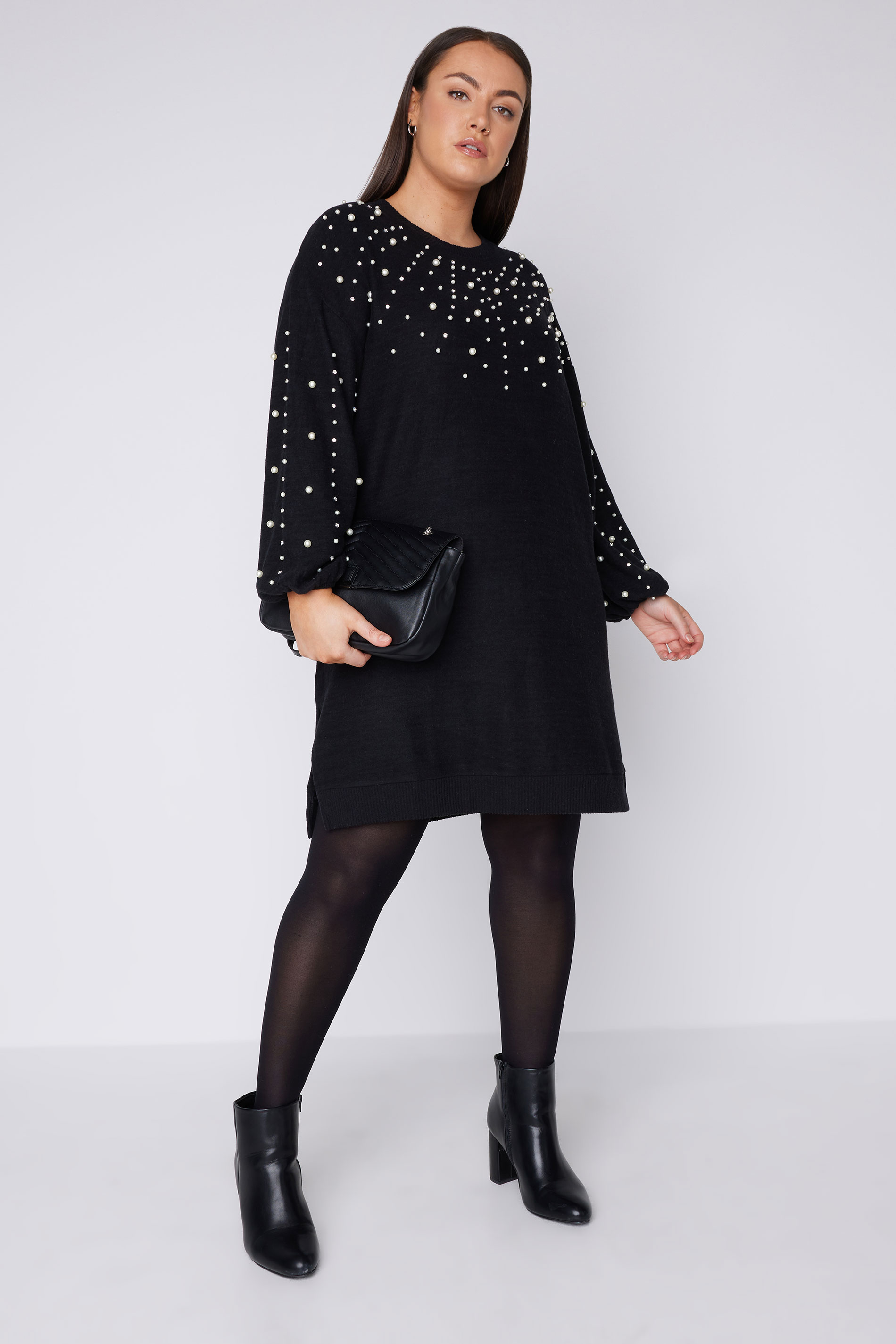 EVANS Plus Size Black Pearl Embellished Jumper Dress | Evans 2