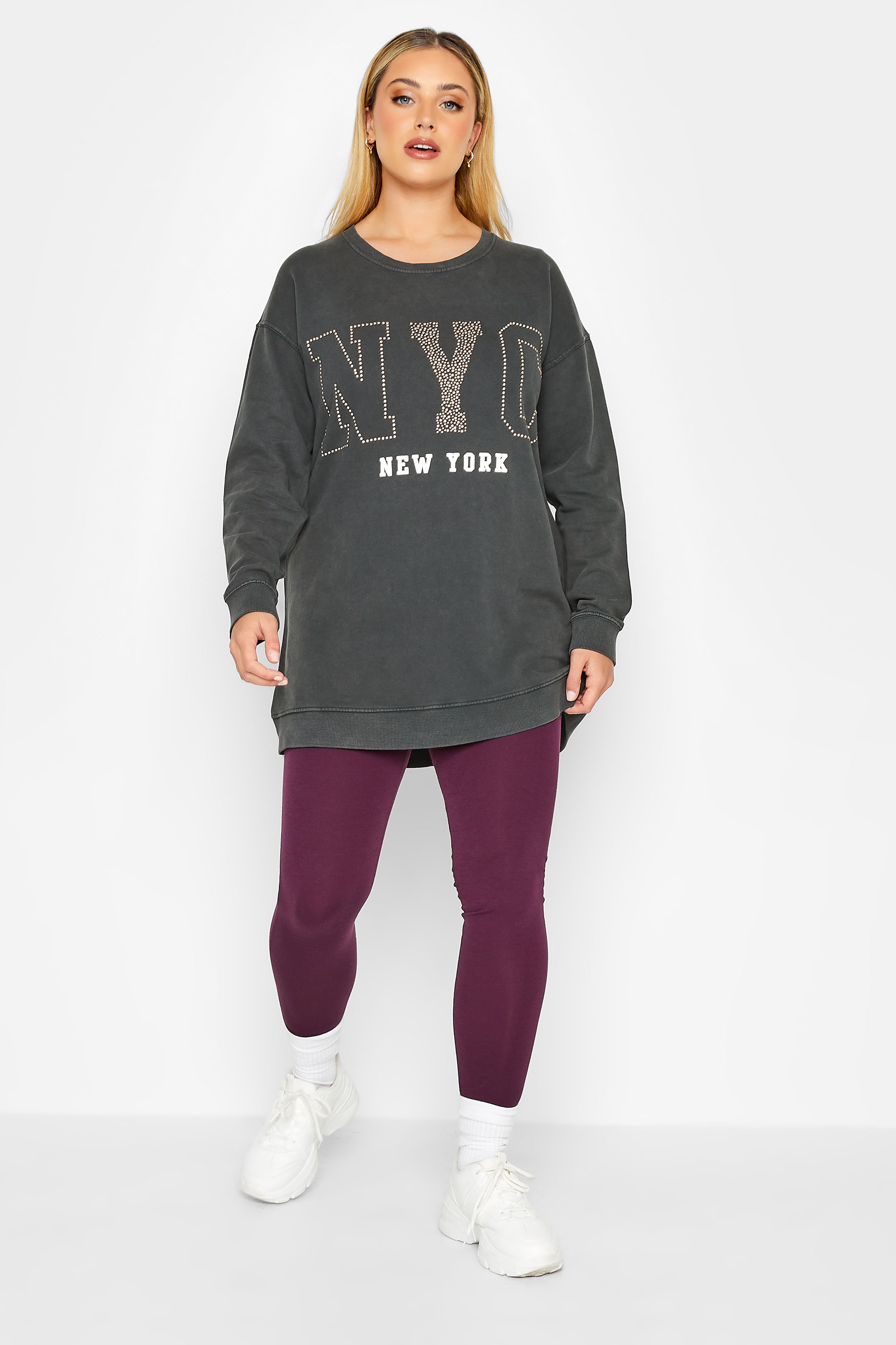 YOURS LUXURY Plus Size Grey Acid Wash 'NYC' Stud Embellished Sweatshirt | Yours Clothing 3