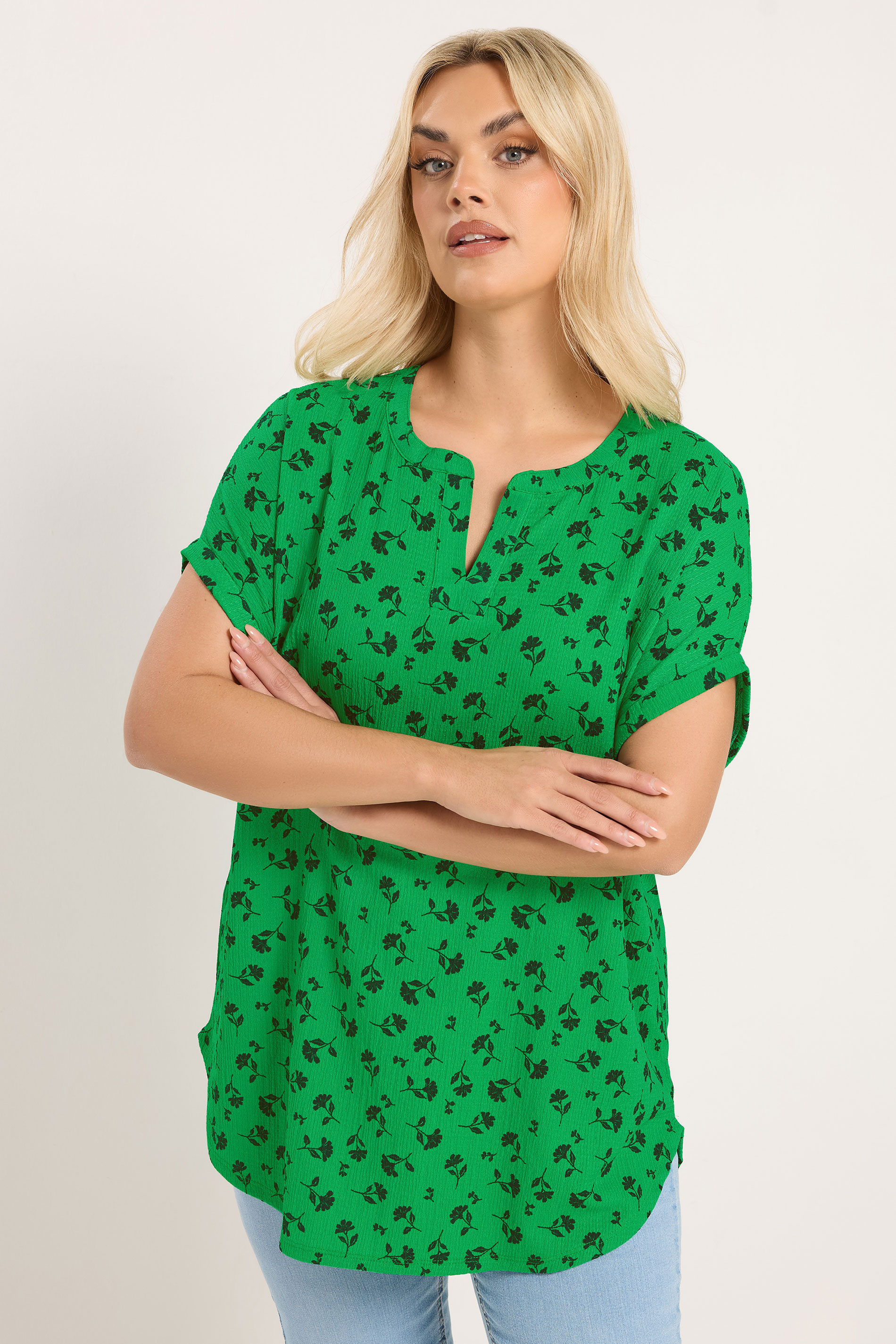 YOURS Plus Size Green Floral Notch Neck Top | Yours Clothing 3
