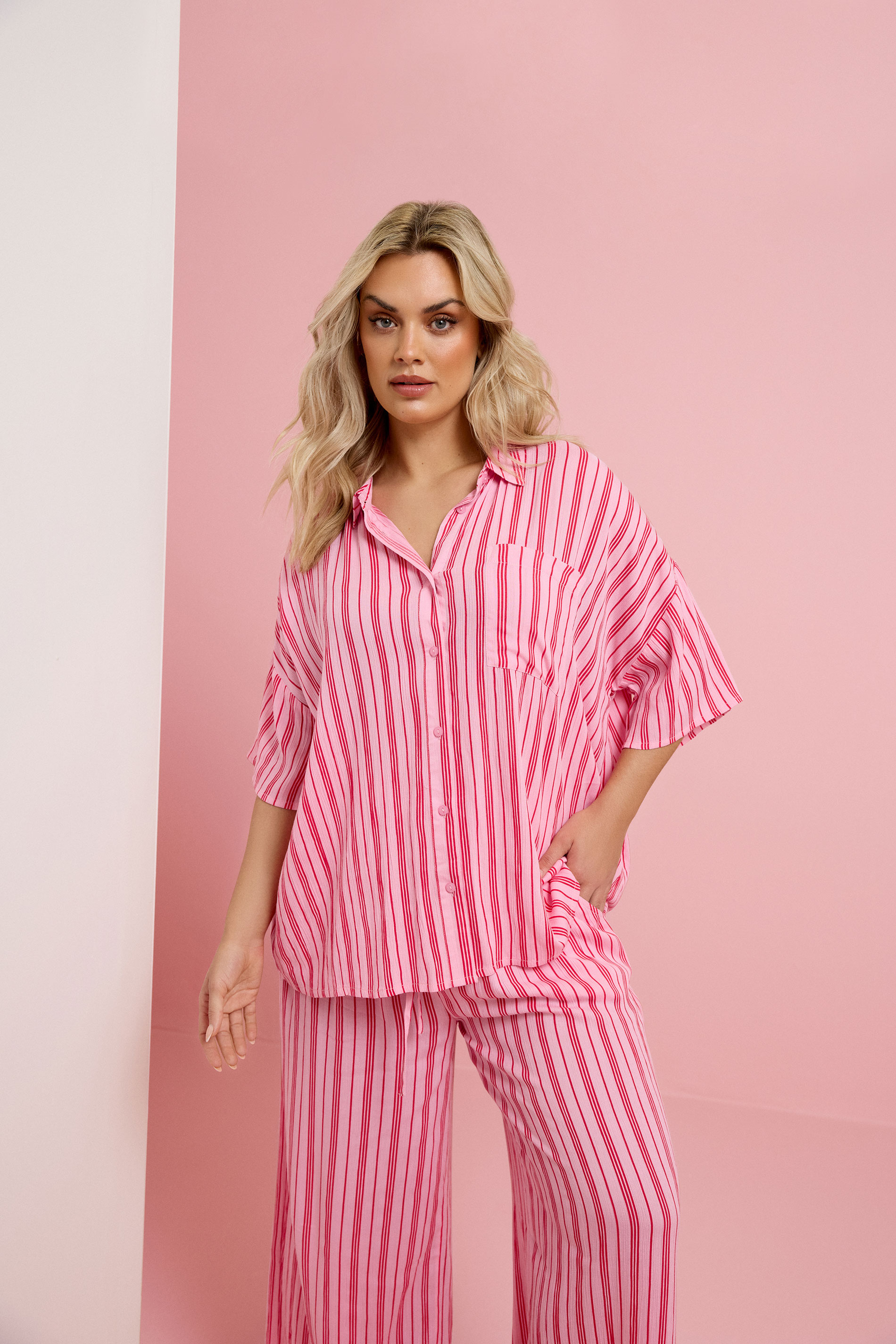 YOURS Plus Size Pink Stripe Crinkle Shirt | Yours Clothing 3