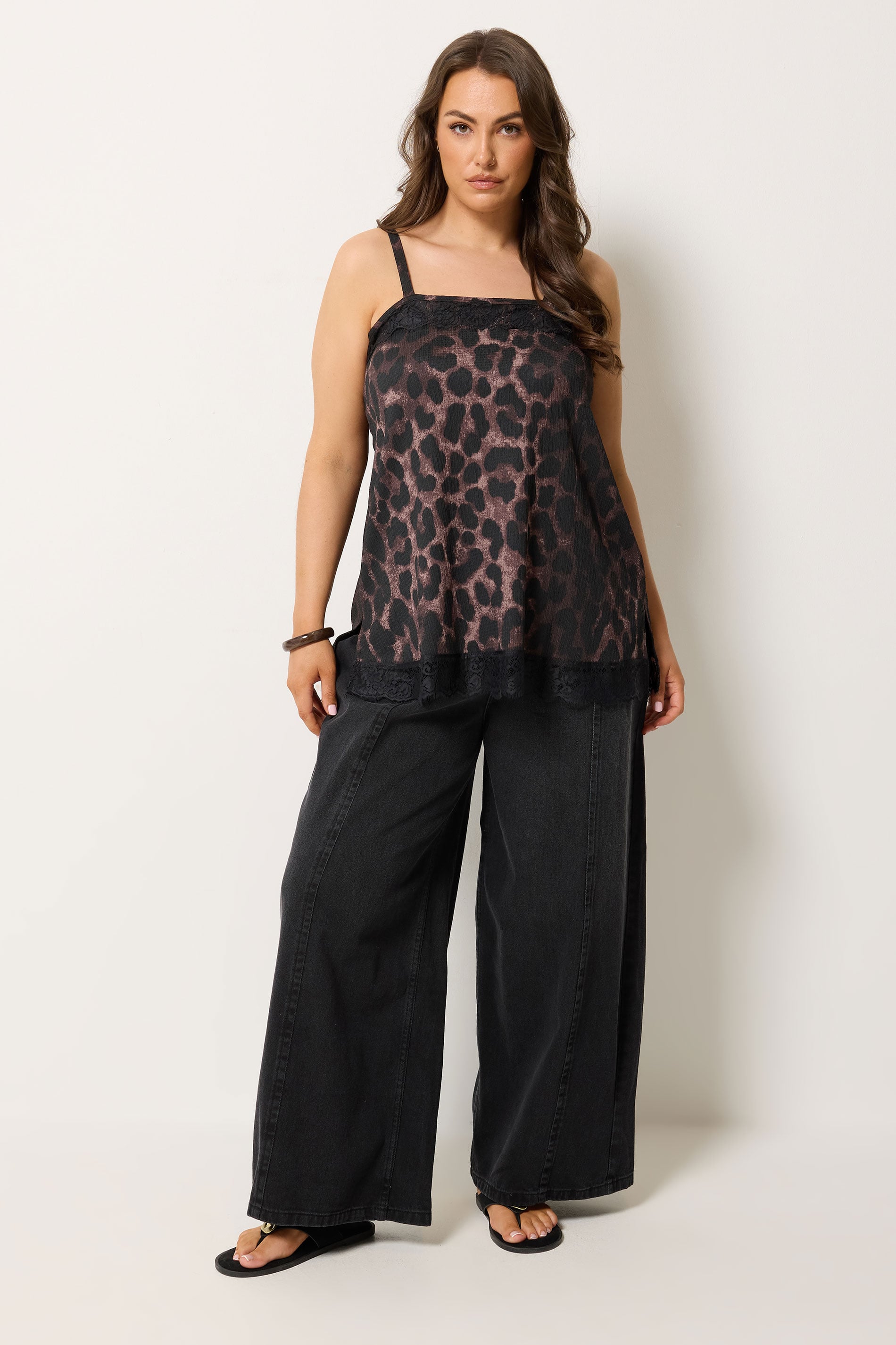 YOURS Plus Size Brown Leopard Print Lace Trim Vest Top | Yours Clothing 1