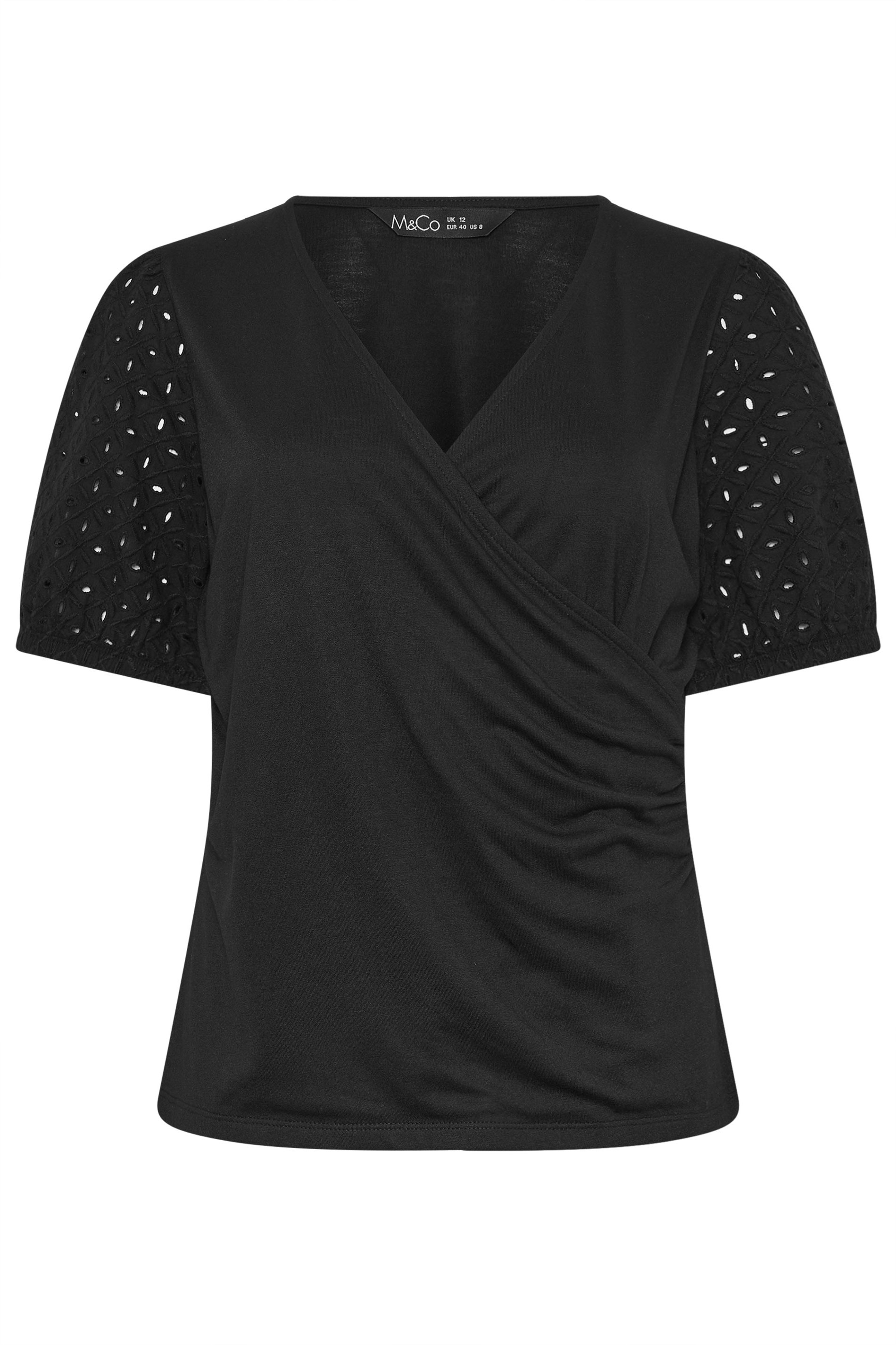 M&Co Black Broderie Sleeve Cotton Wrap Top | M&Co 5