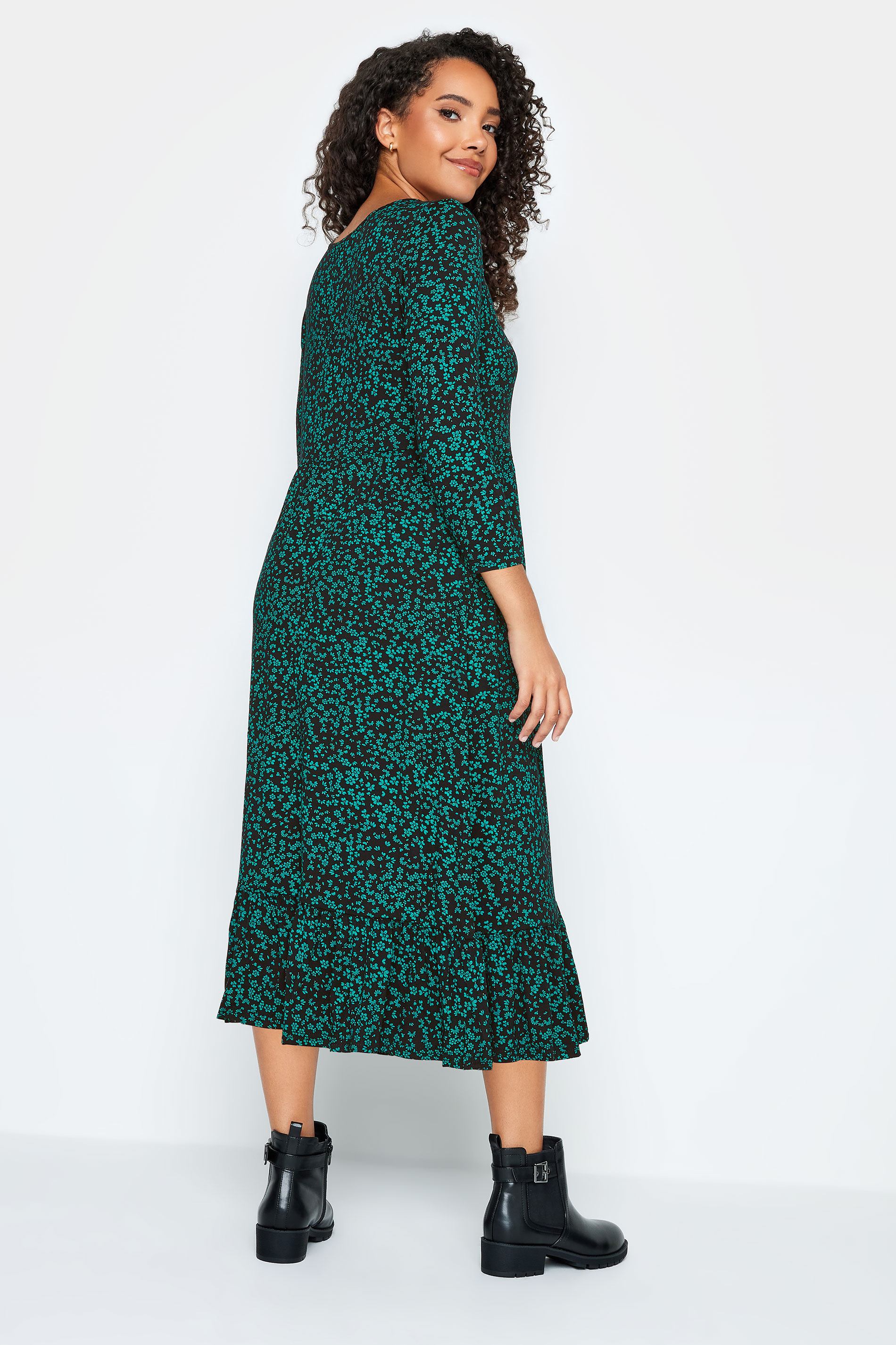 M&Co Petite Dark Green Ditsy Floral Print Midi Dress | M&Co