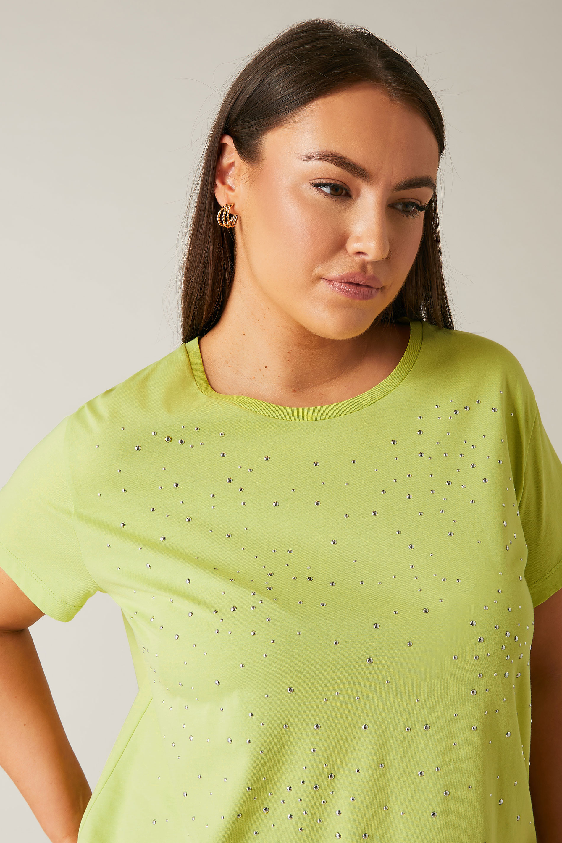 EVANS Plus Size Lime Green Stud Embellished Pure Cotton T-Shirt | Evans  3