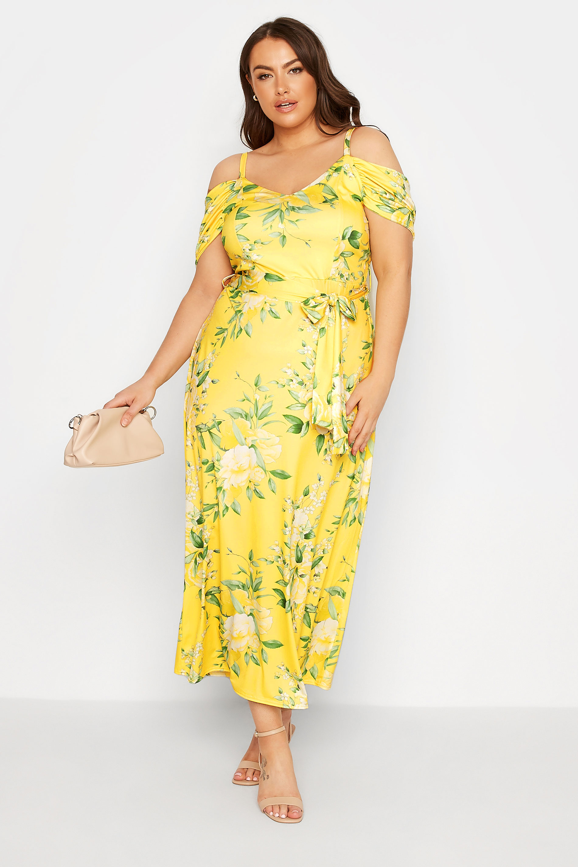 Robes Grande Taille Grande taille  Robes Longues | YOURS LONDON - Robe Jaune Floral Design Bardot - ZH17287