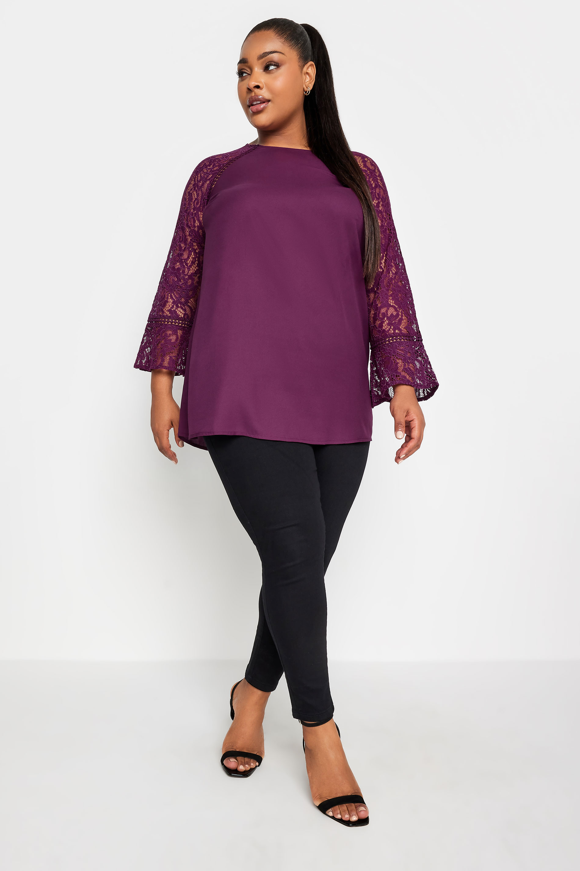 YOURS LONDON Curve Purple Lace Flute Sleeve Top | Yours Clothing 2