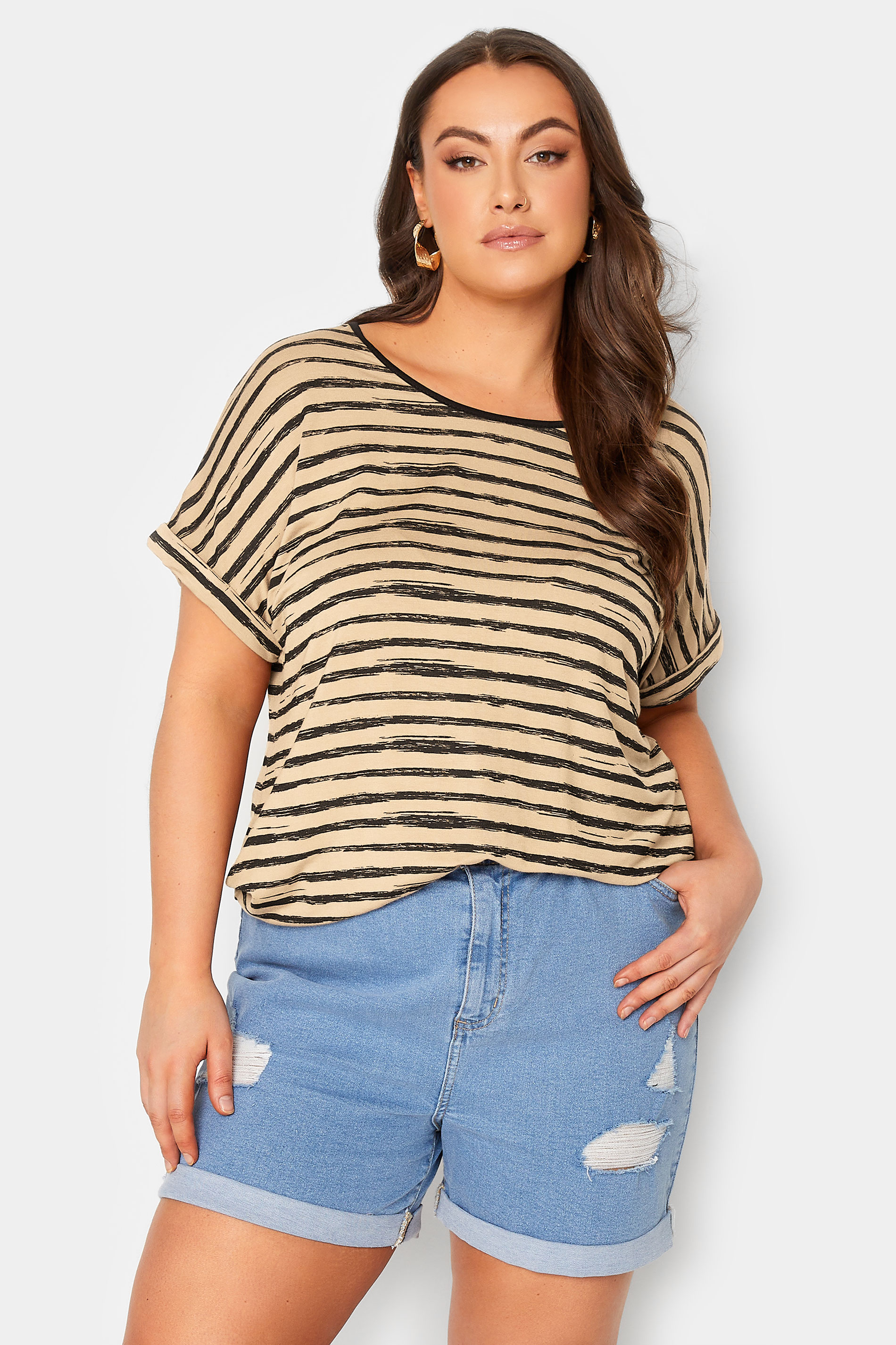 YOURS Plus Size Brown Stripe Print Dipped Hem T-Shirt | Yours Clothing 1