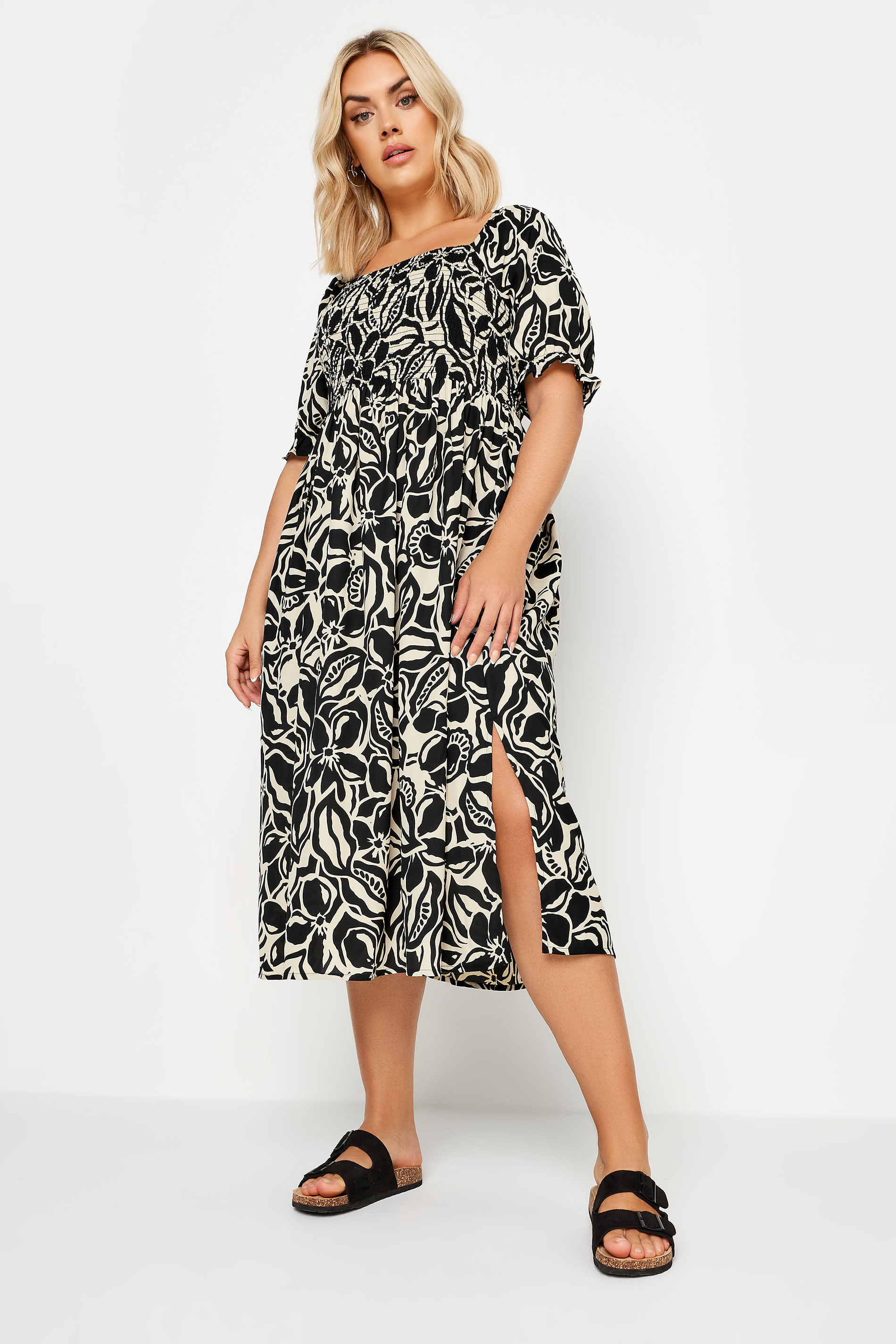 YOURS Plus Size Black Abstract Floral Print Shirred Midi Dress | Yours Clothing 3