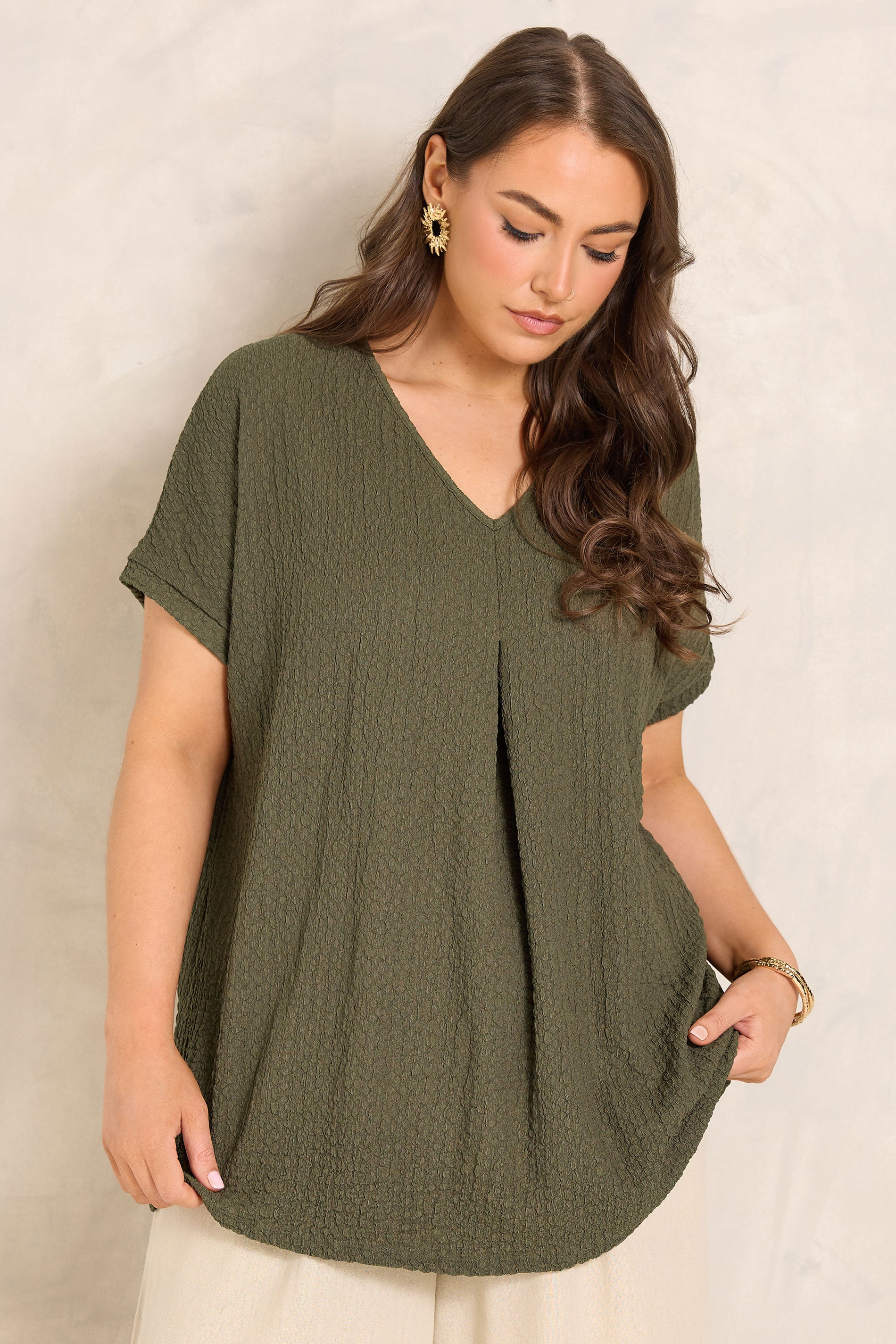 EVANS Plus Size Khaki Green Plisse Pleat Top | Evans 3