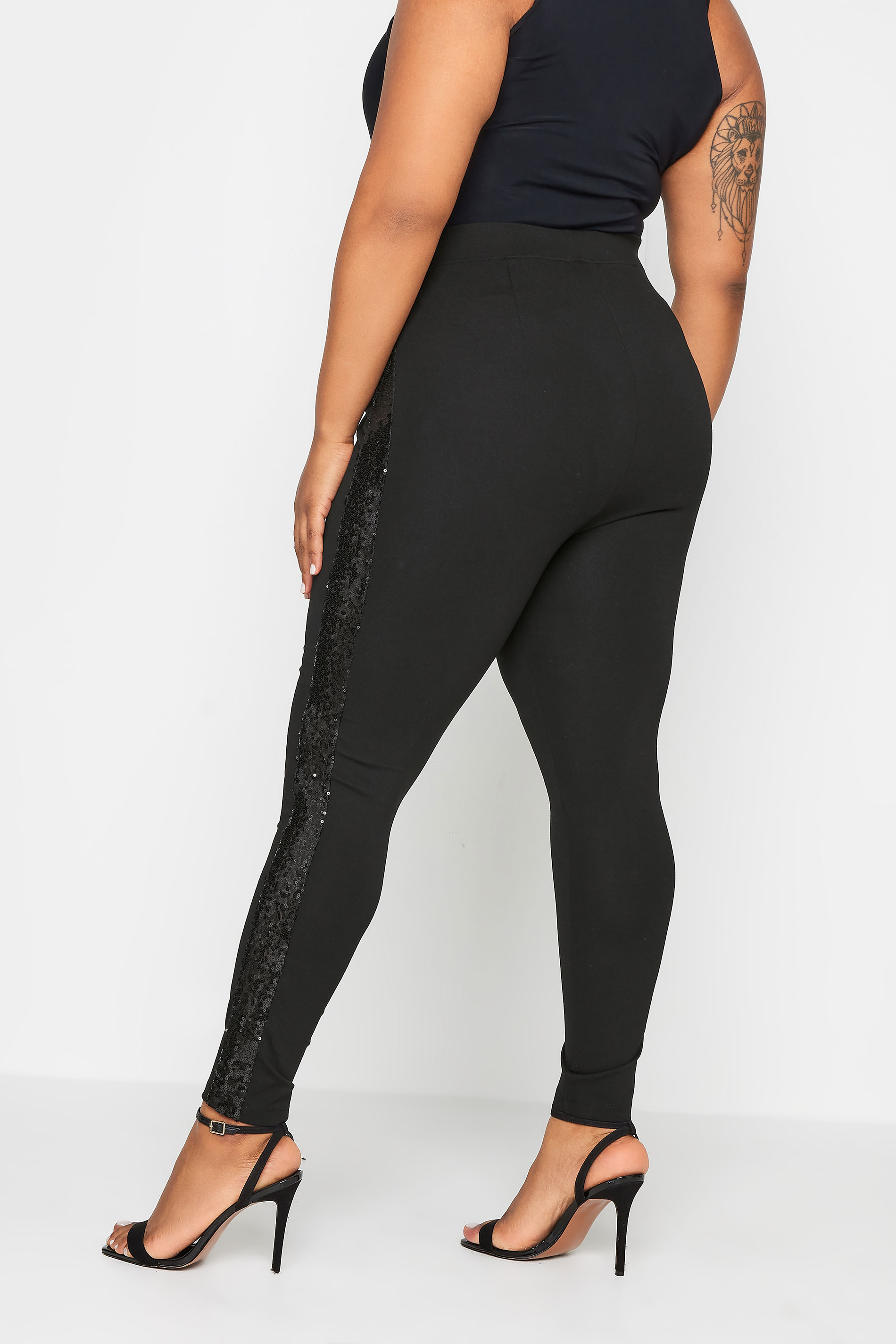 YOURS Plus Size Black Sequin Side Stripe Leggings | Yours Clothing 3
