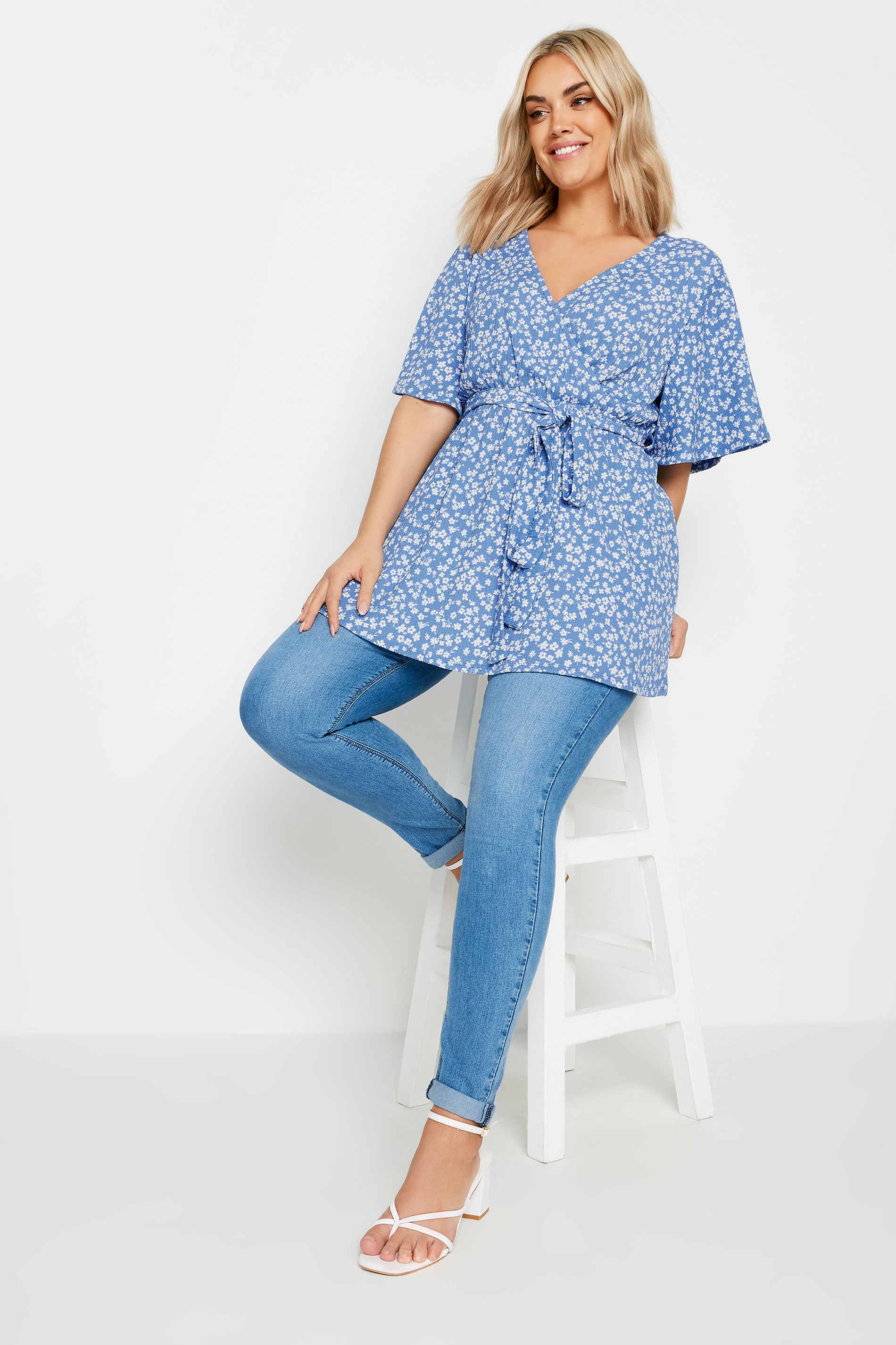 YOURS Plus Size Blue Floral Print Textured Wrap Top | Yours Clothing 2