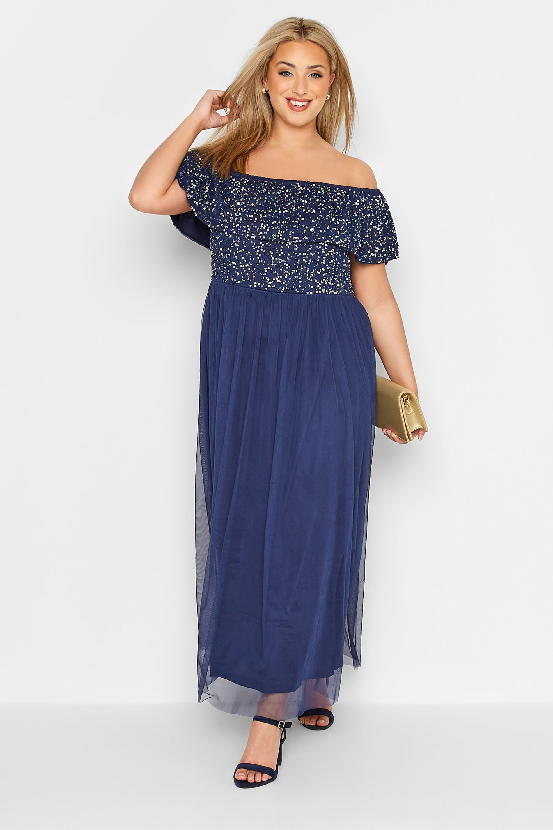 LUXE Curve Blue Bardot Hand Embellished Maxi Dress 1