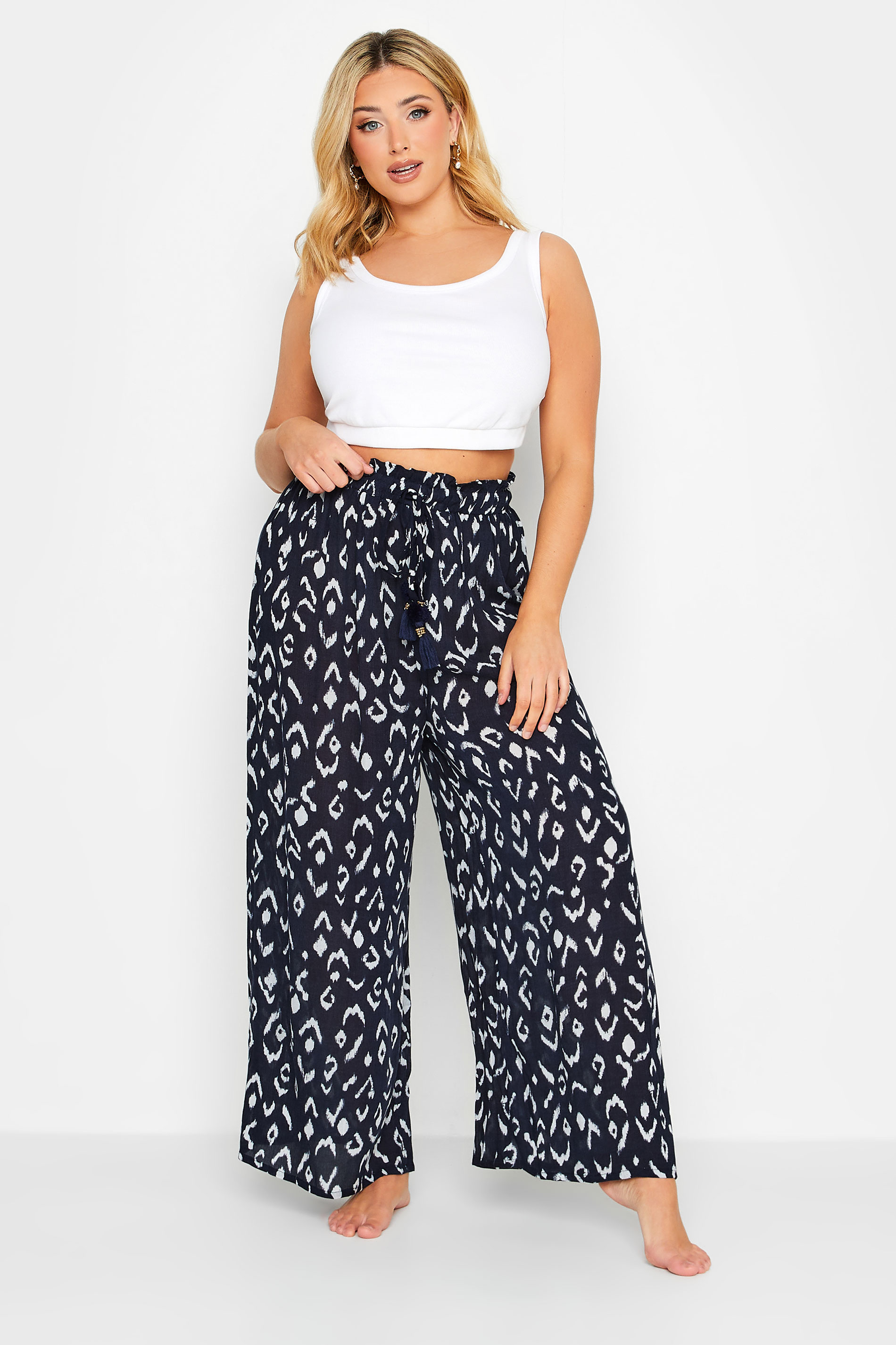 Plus Size Navy Blue Animal Print Wide Leg Beach Trousers | Yours Clothing 3
