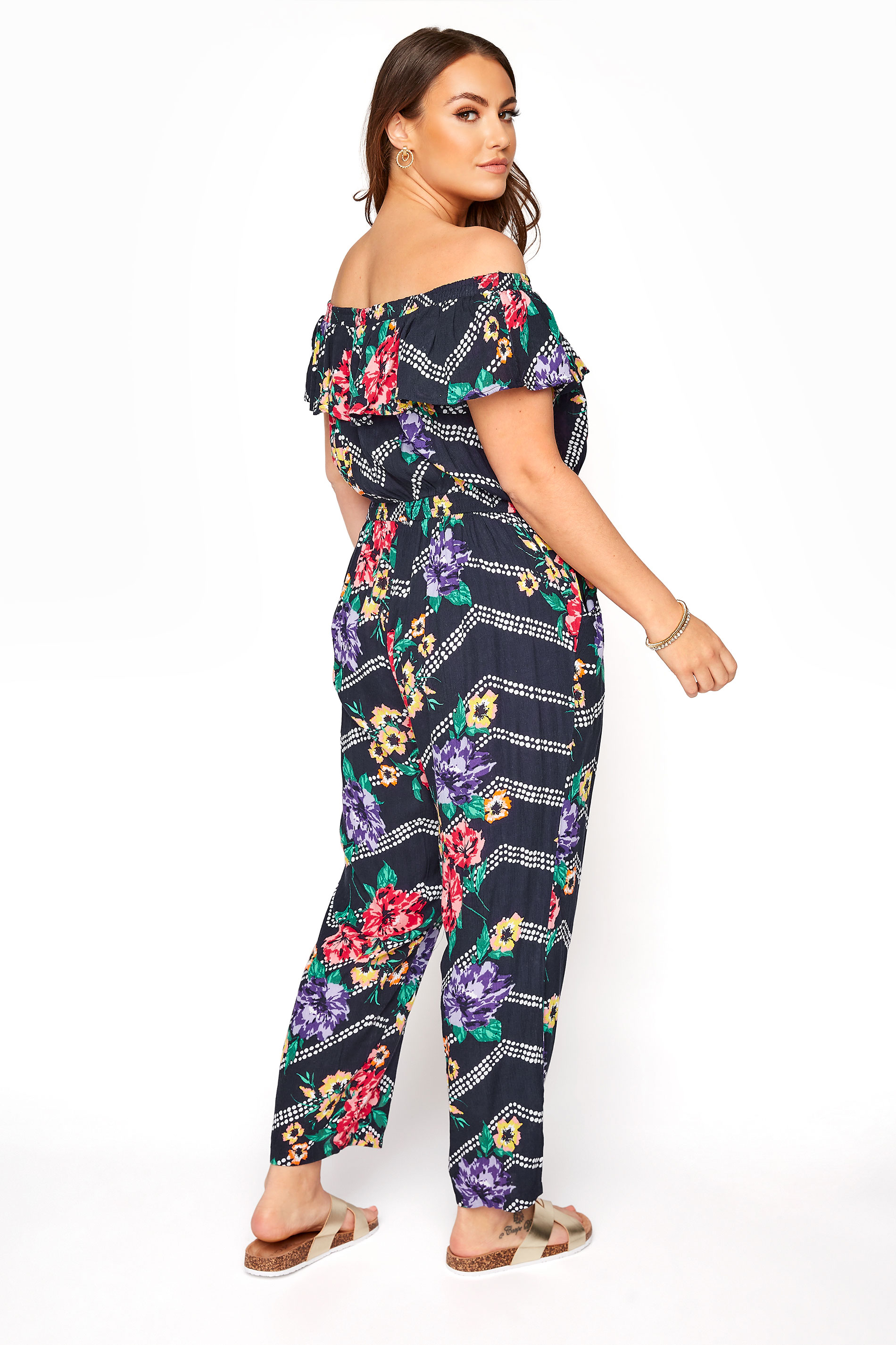 Navy Floral Chevron Print Bardot Jumpsuit | Yours Clothing