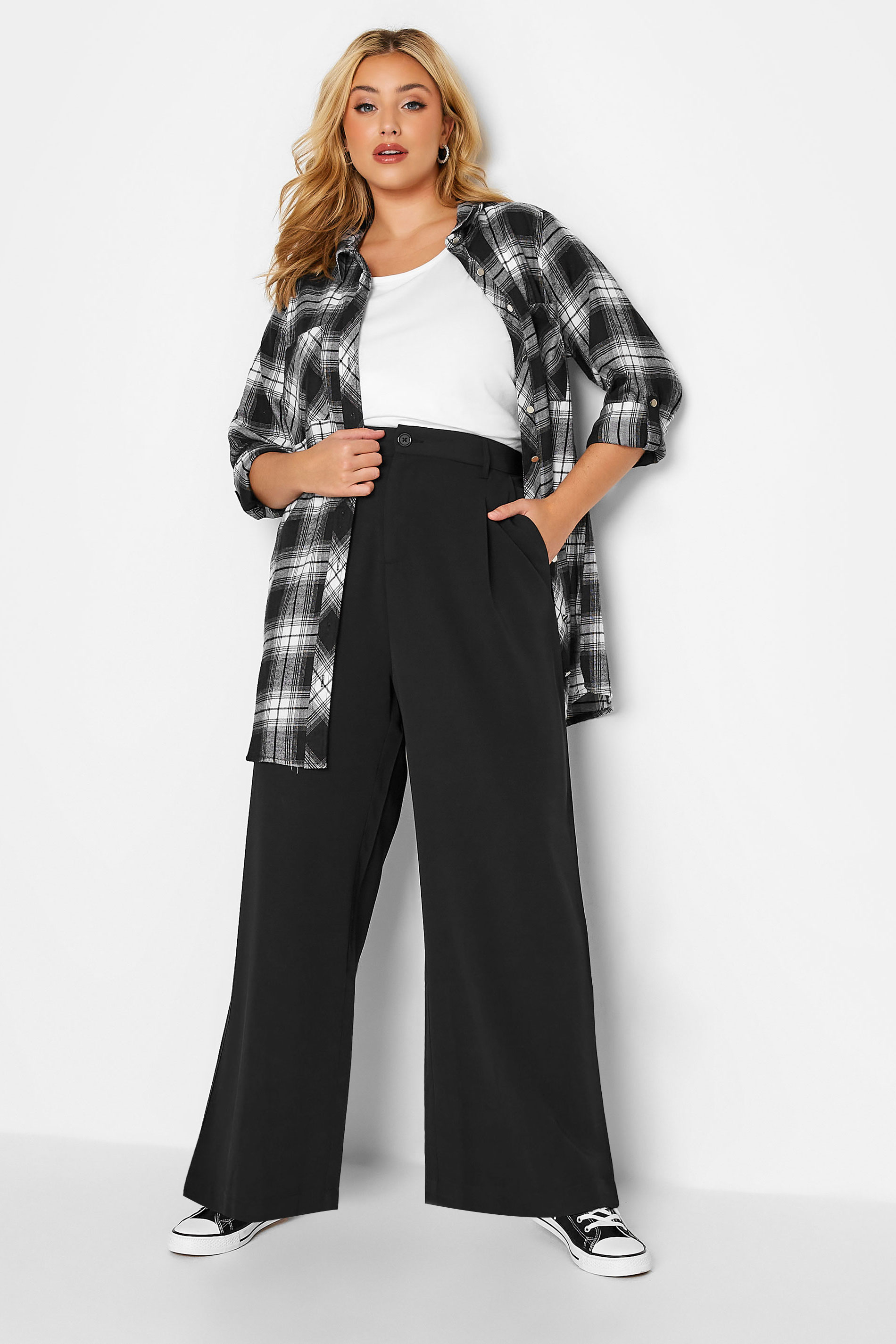 Curve Black Wide Leg Dad Trousers | Yours Clothing 2