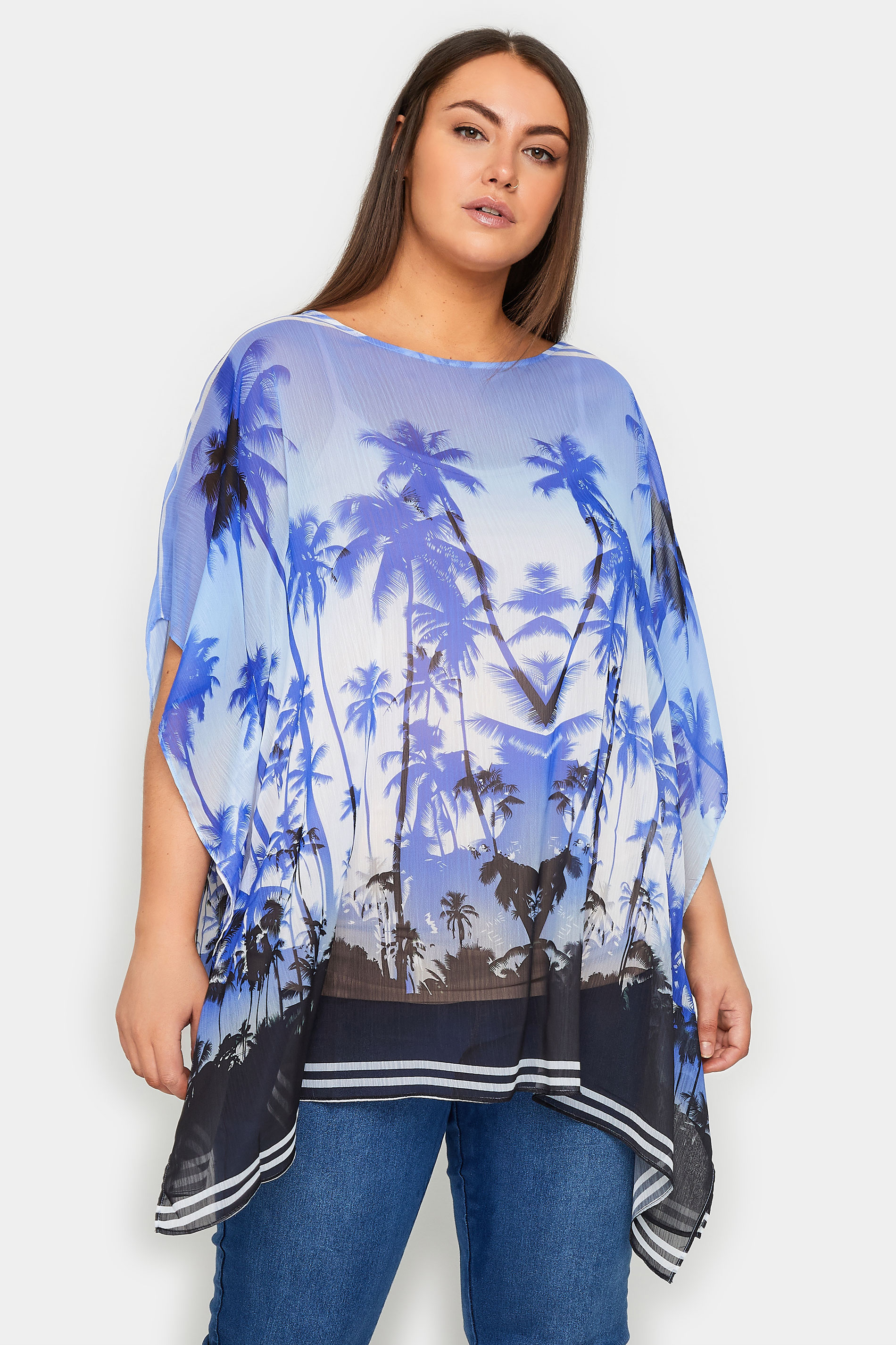 Evans Blue Palm Print Sheer Mesh Shirt 1