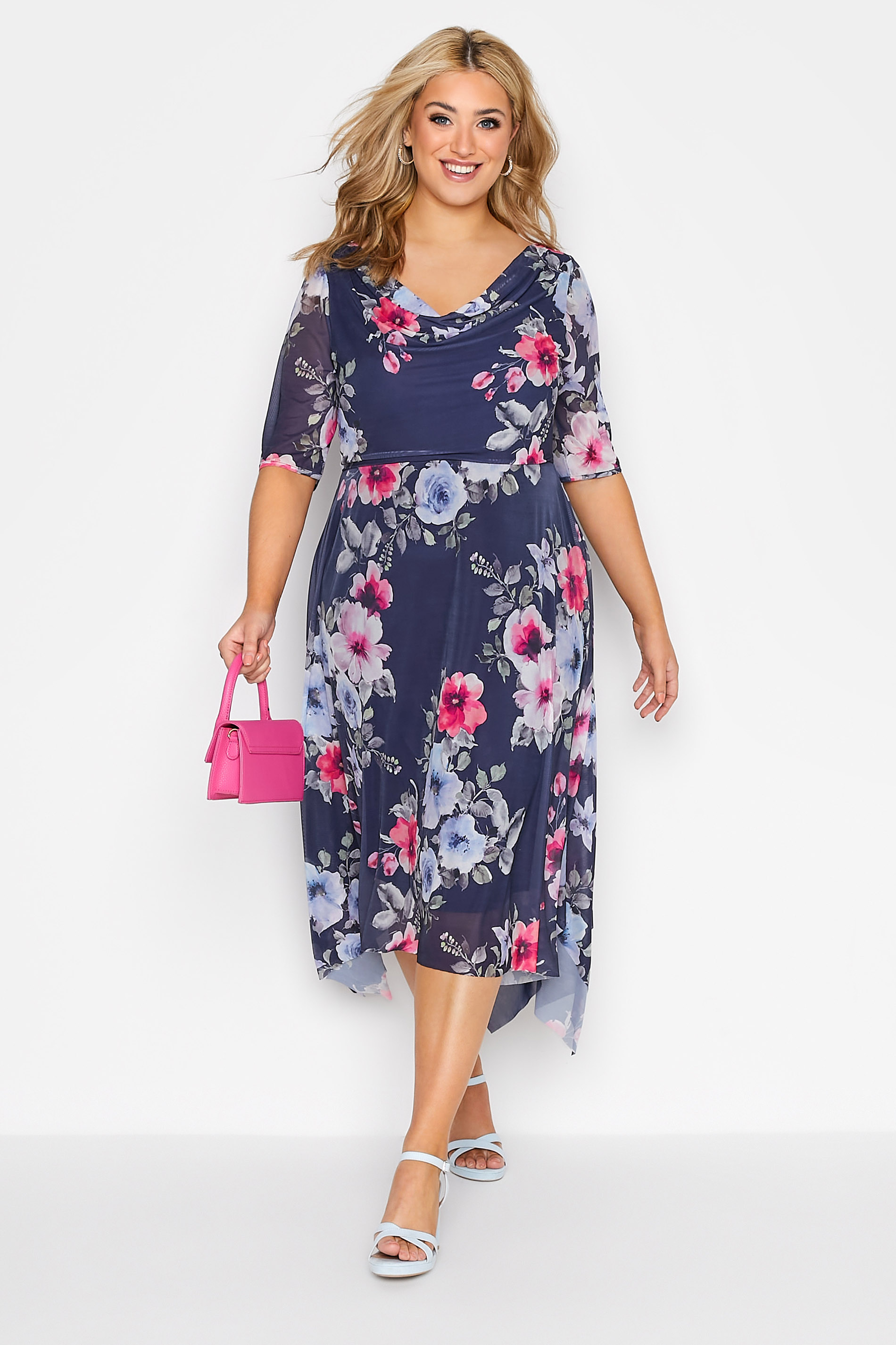 YOURS LONDON Plus Size Navy Blue Floral Cowl Dress | Yours Clothing 1