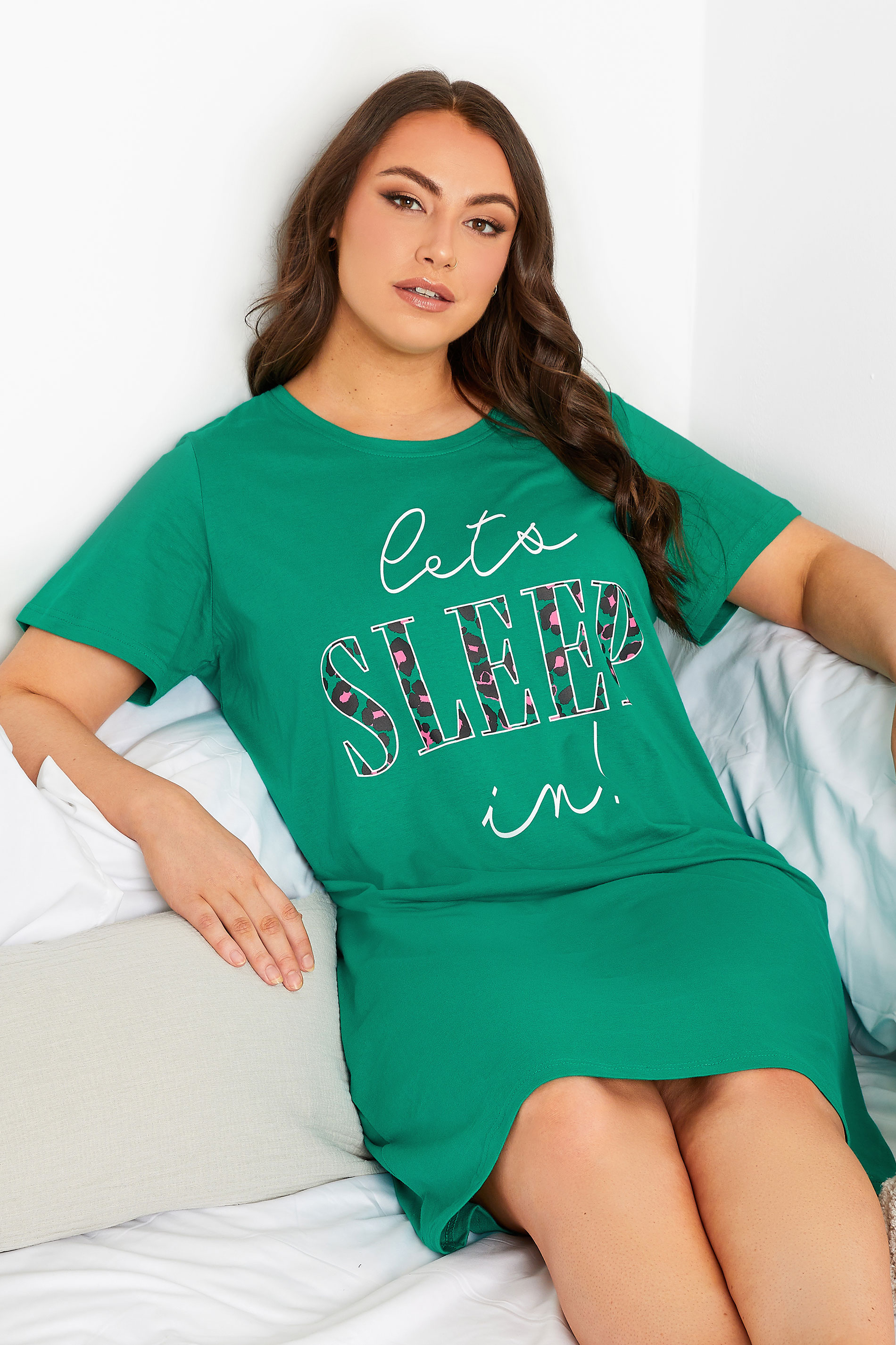 YOURS Plus Size Green 'Let's Sleep In' Slogan Nightdress | Yours Clothing 3