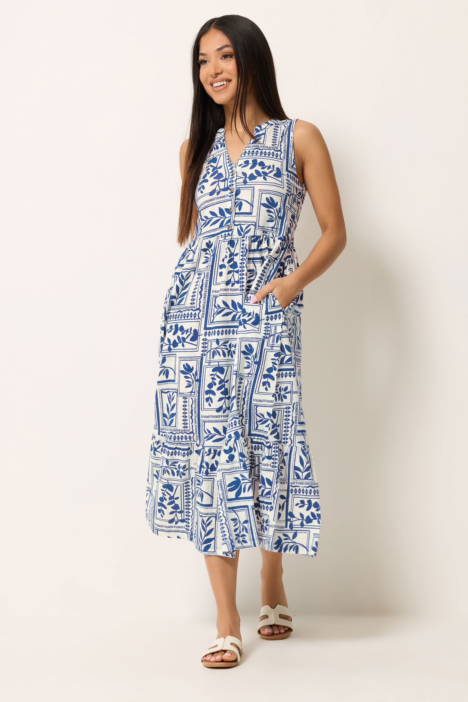 M&Co Petite Blue Leaf Print Sleeveless Cotton Midi Dress | M&Co 1
