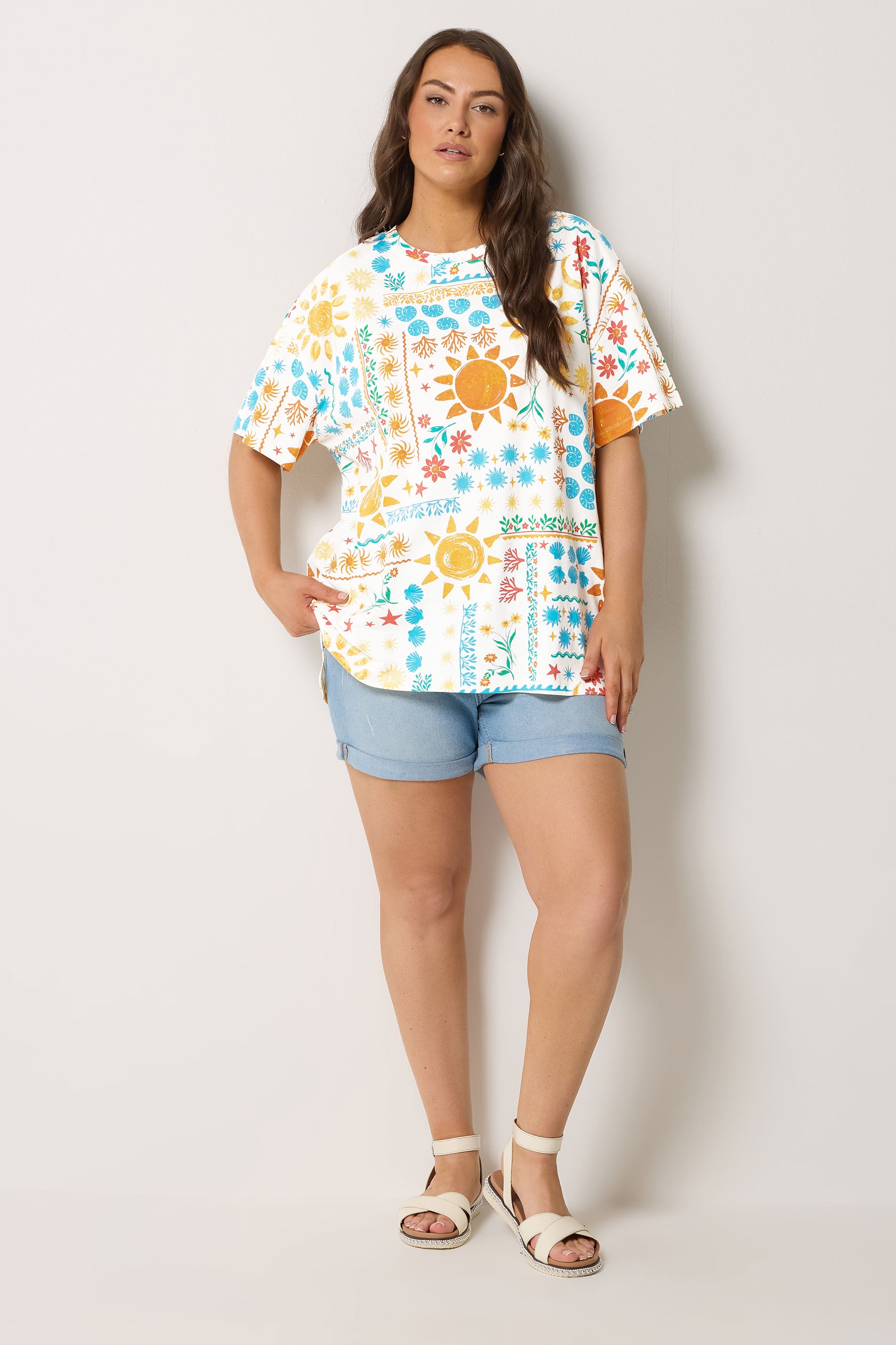 YOURS Plus Size Ivory White Patchwork Boxy T-Shirt | Yours Clothing 1