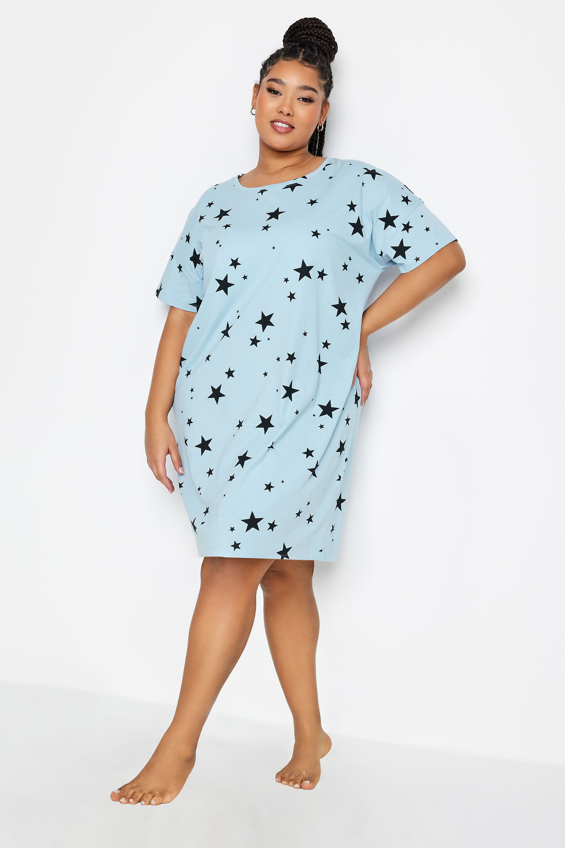YOURS Plus Size Light Blue Star Print Sleep Tee Nightdress | Yours Clothing 3