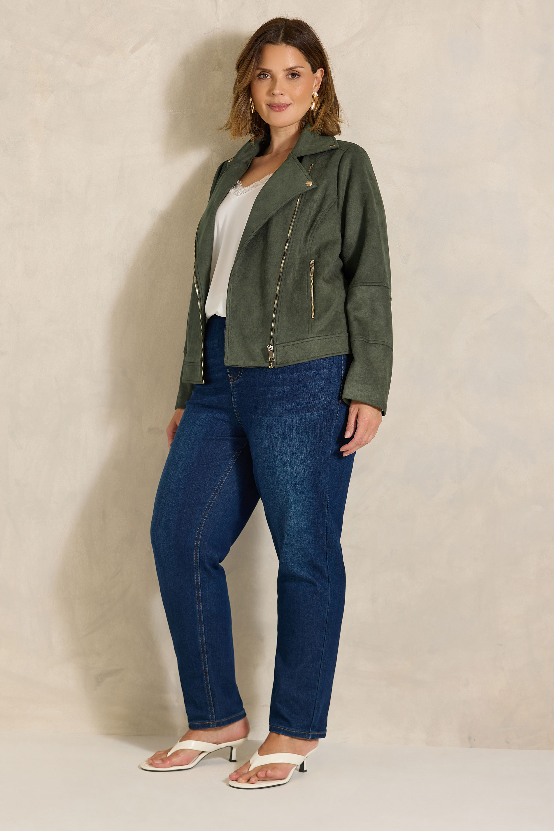 EVANS Plus Size Khaki Green Suedette Biker Jacket | Evans 1