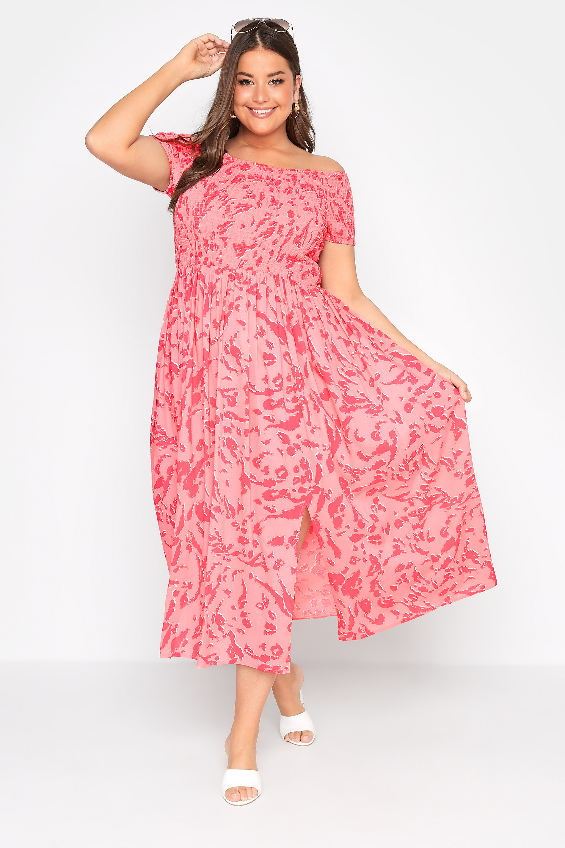 Plus Size Pink Animal Print Shirred Bardot Midaxi Dress | Yours Clothing 1