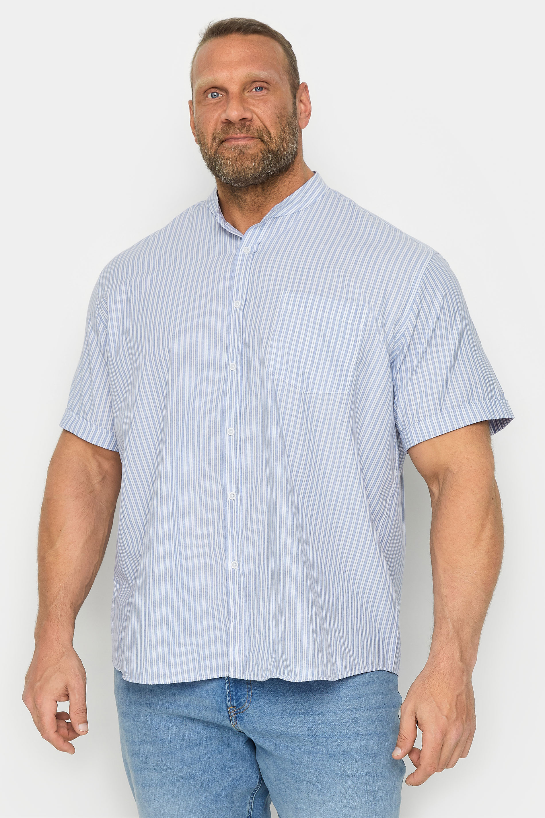 KAM Big & Tall Blue Stripe Grandad Collar Shirt | BadRhino 1