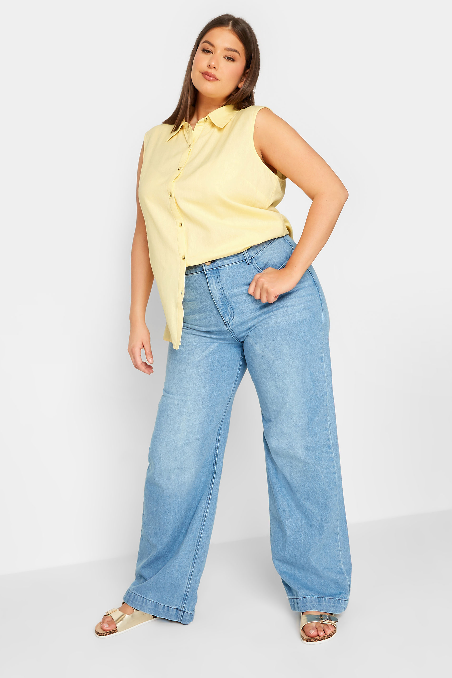 LTS Tall Women's Yellow Sleeveless Linen Blend Shirt | Long Tall Sally  2