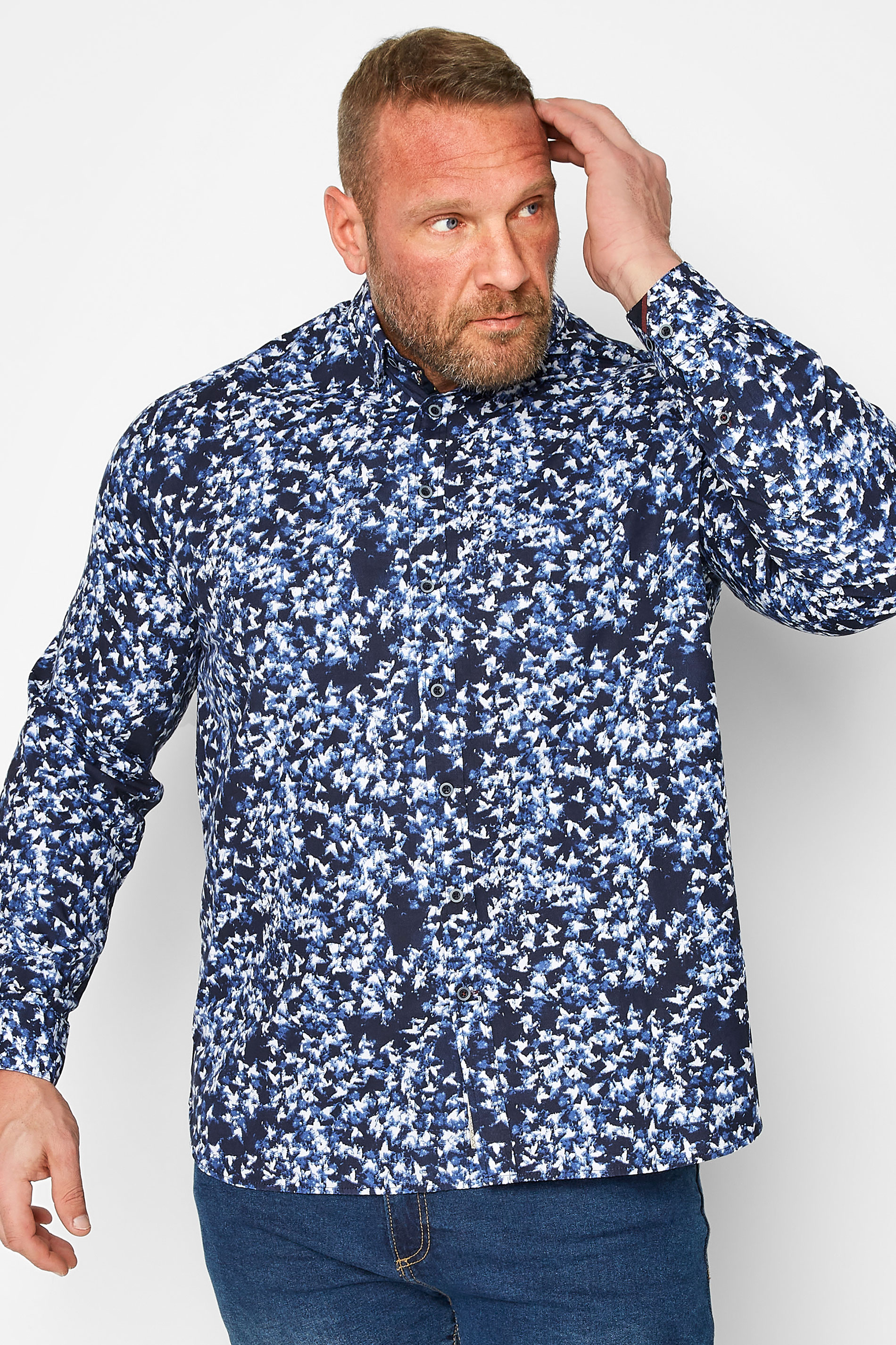 D555 Big & Tall Navy Blue Abstract Floral Print Long Sleeve Shirt| BadRhino 1