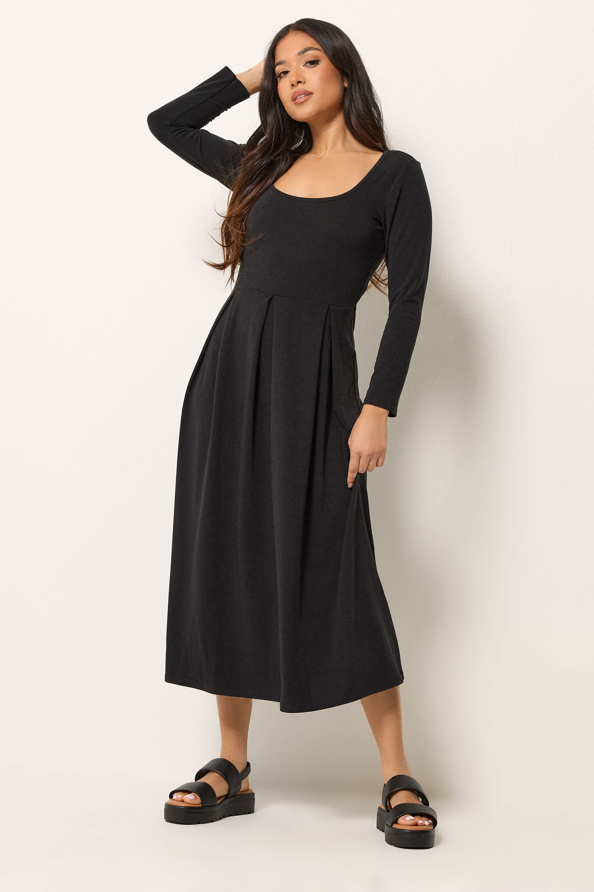 PixieGirl Petite Women's Black Scoop Neck Midi Dress | PixieGirl 1