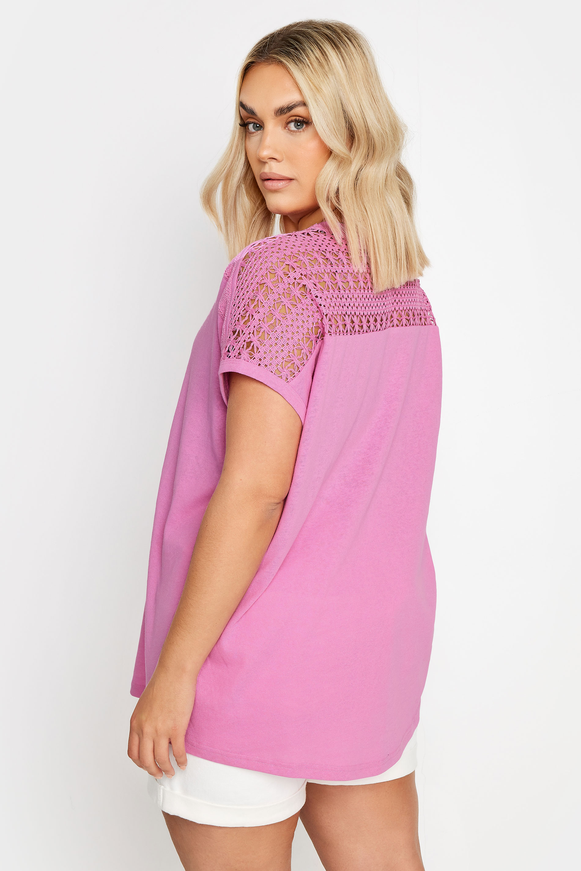 YOURS Plus Size Pink Crochet Detail Linen T-Shirt | Yours Clothing 3