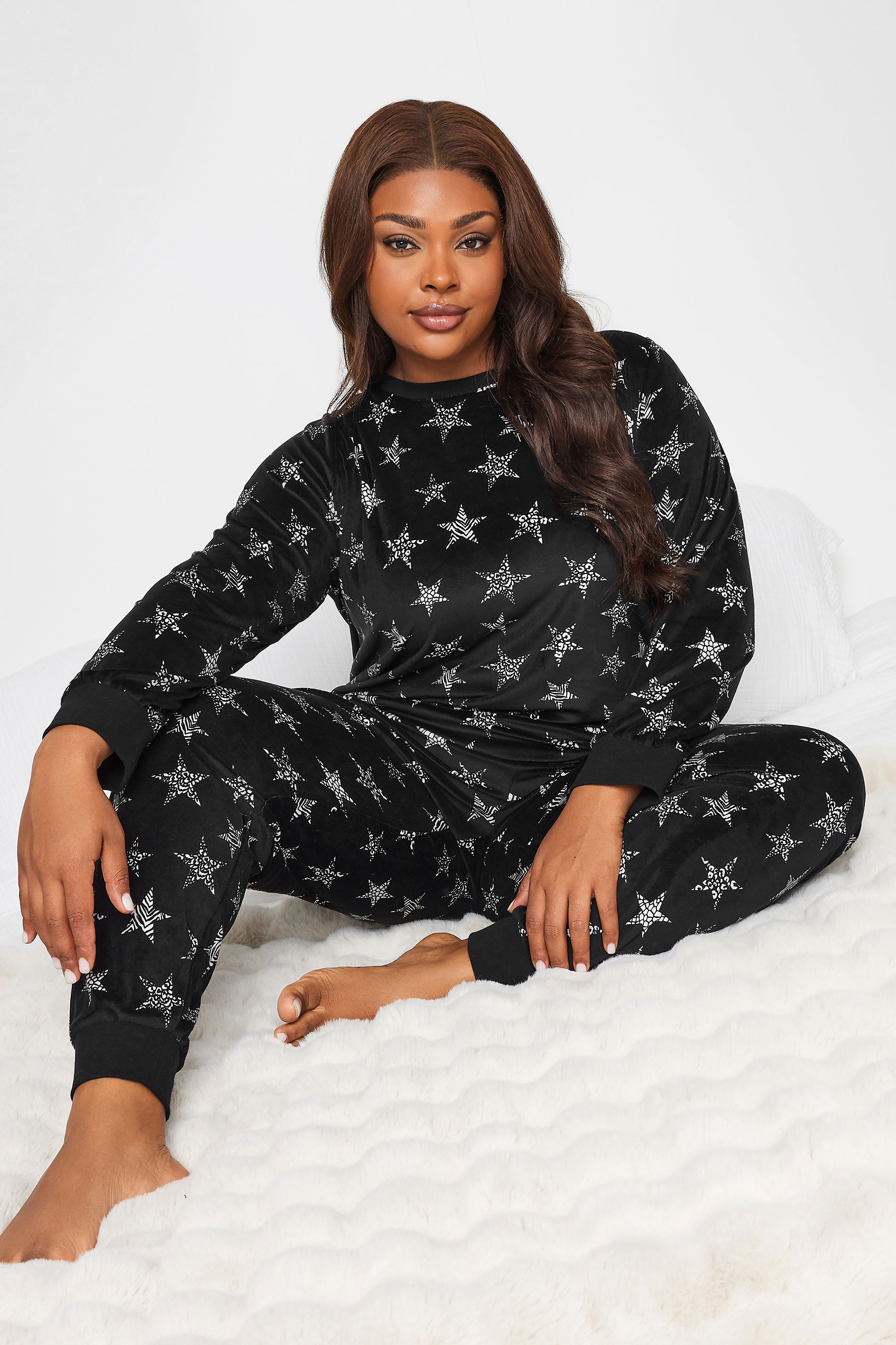 YOURS Plus Size Black Animal Print Star Velour Lounge Set | Yours Clothing 1