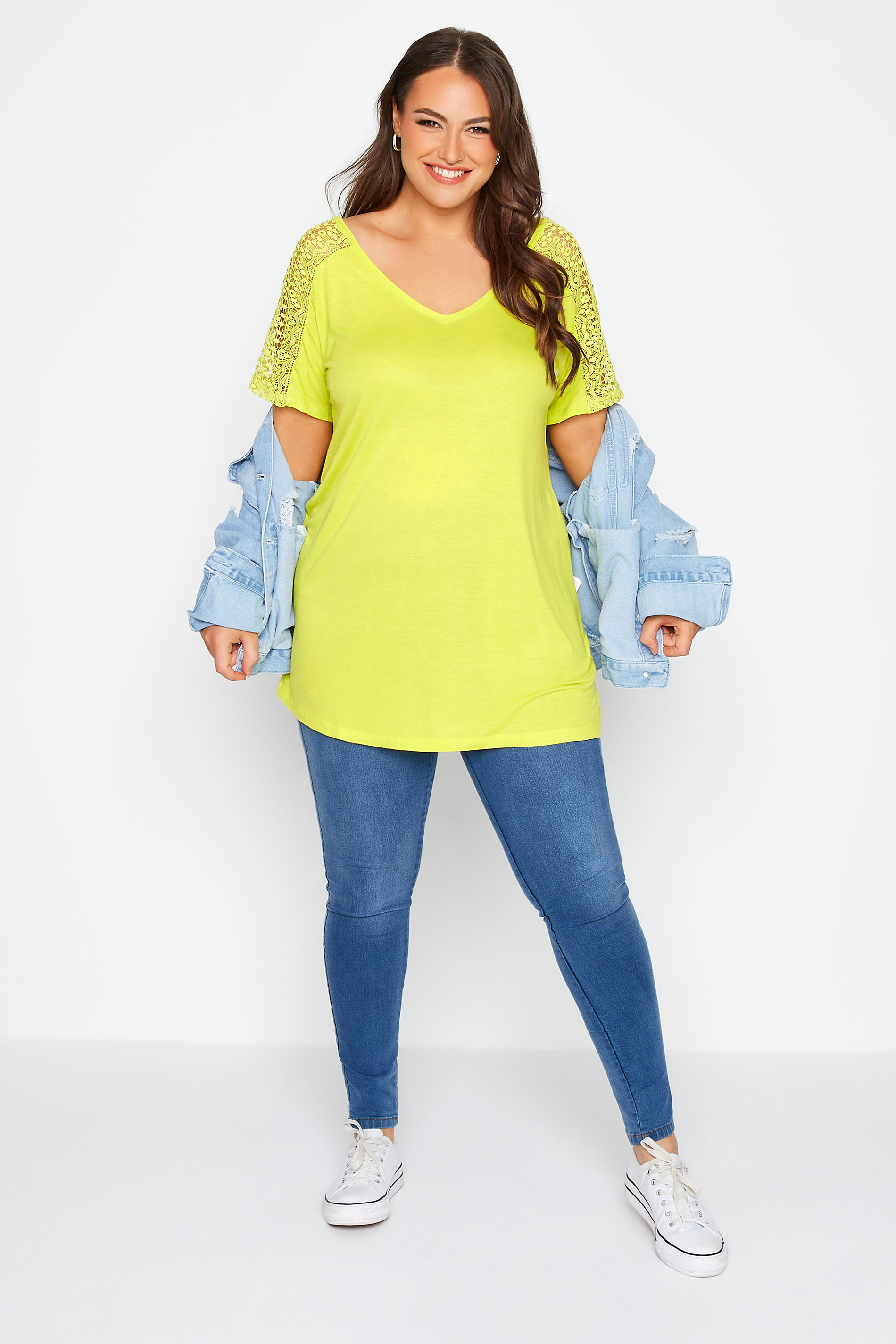 Grande taille  Tops Grande taille  T-Shirts | T-Shirt Vert Citron Manches Dentelle - YL41046