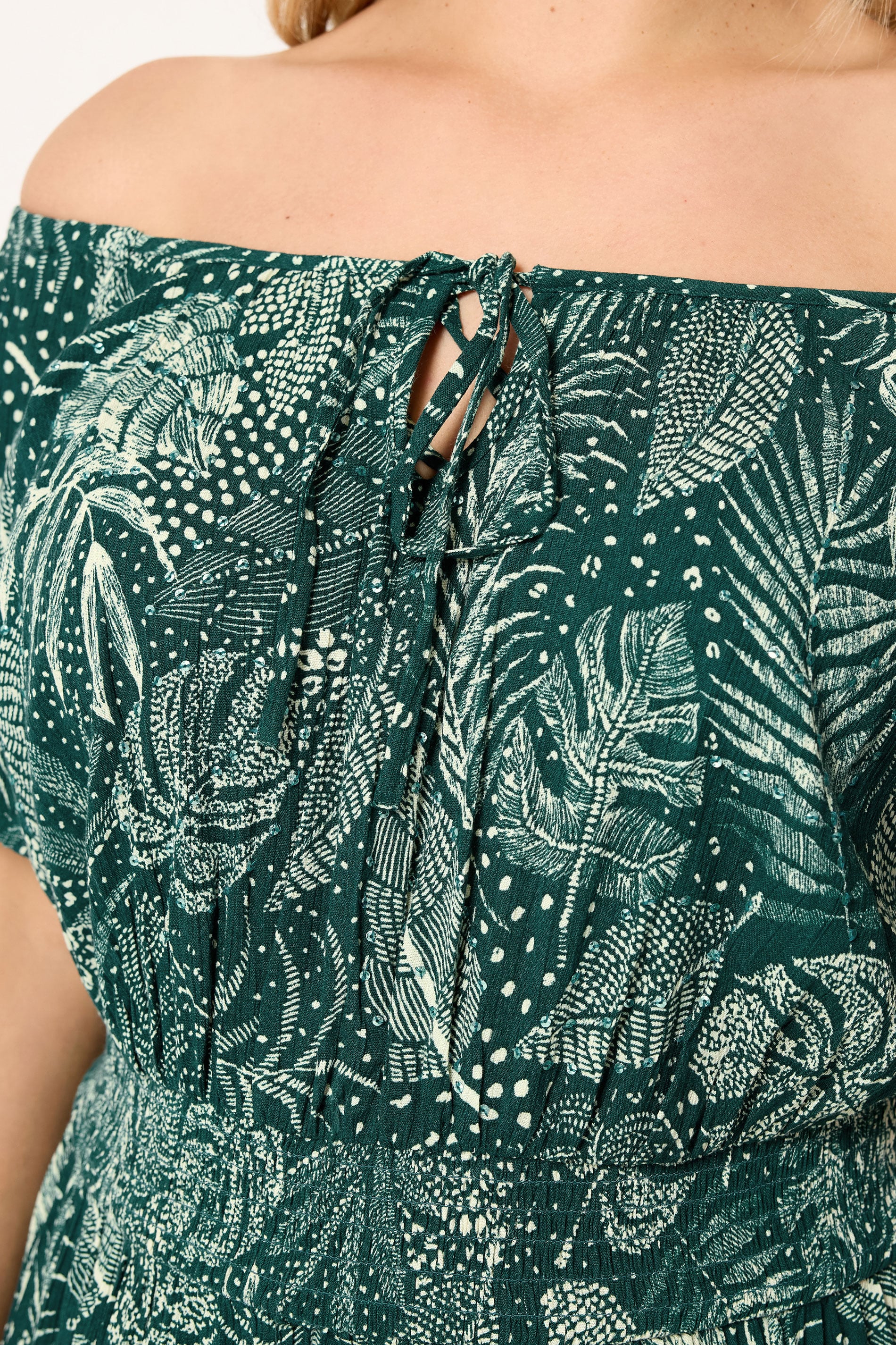 YOURS Plus Size Green Leaf Tie Neck Bardot Maxi Dress | Yours Clothing 5