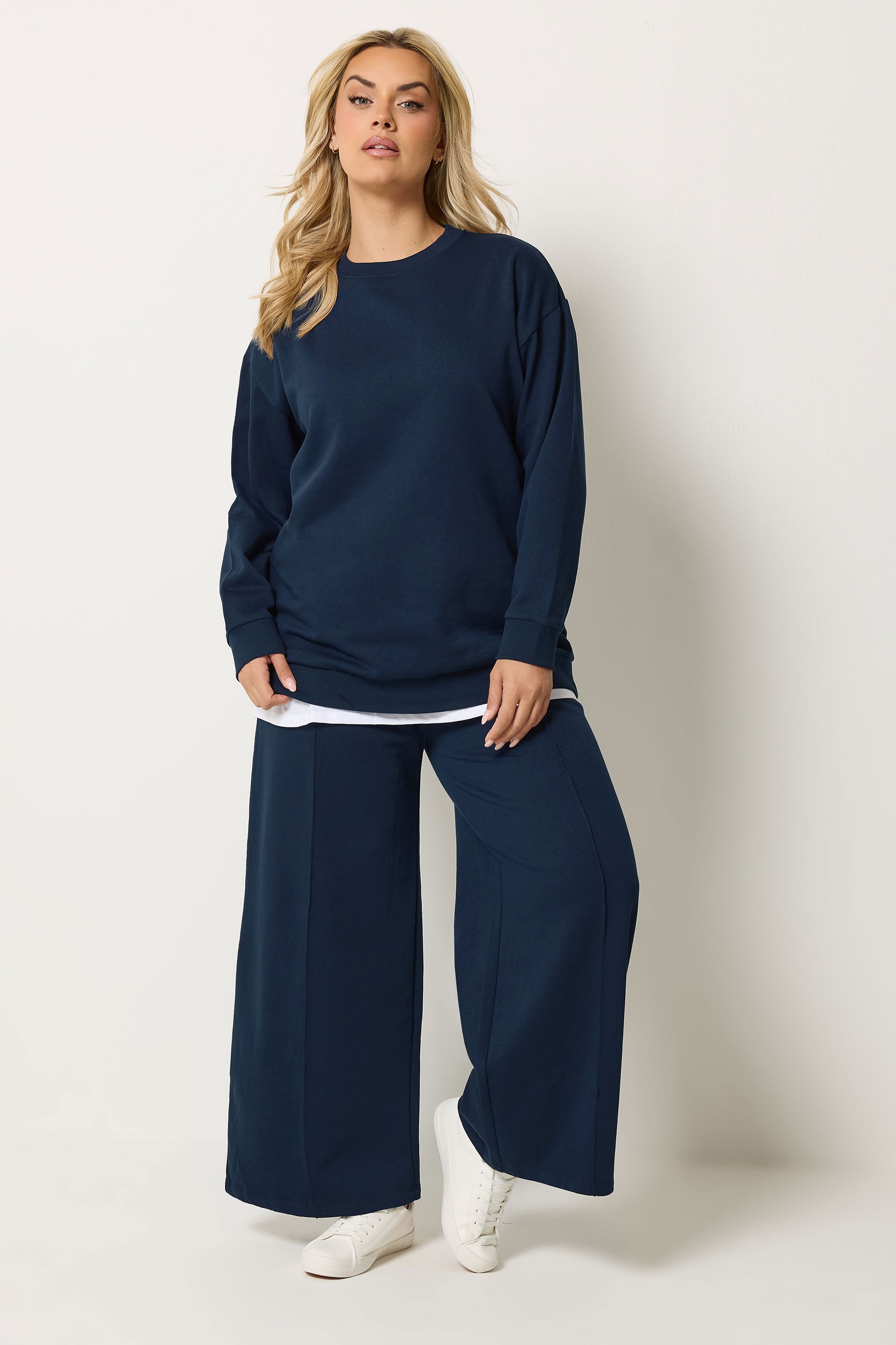 YOURS Plus Size Navy Blue Sweatshirt Jogger & T-Shirt Set | Yours Clothing 1