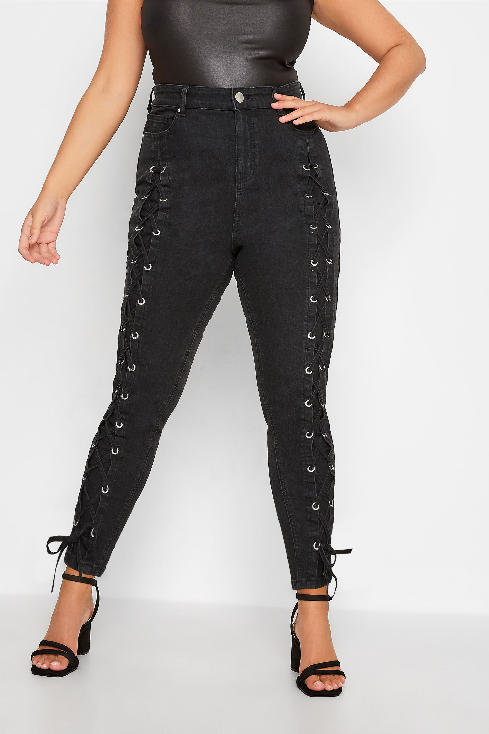 Plus Size Black Lace Up Skinny Stretch AVA Jeans | Yours Clothing 1