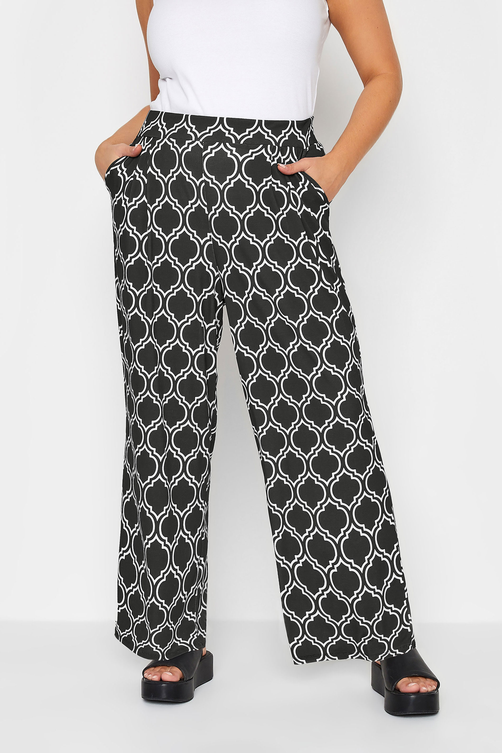 YOURS Curve Plus Size Black Geometric Print Wide Leg Trousers | Yours Clothing 1
