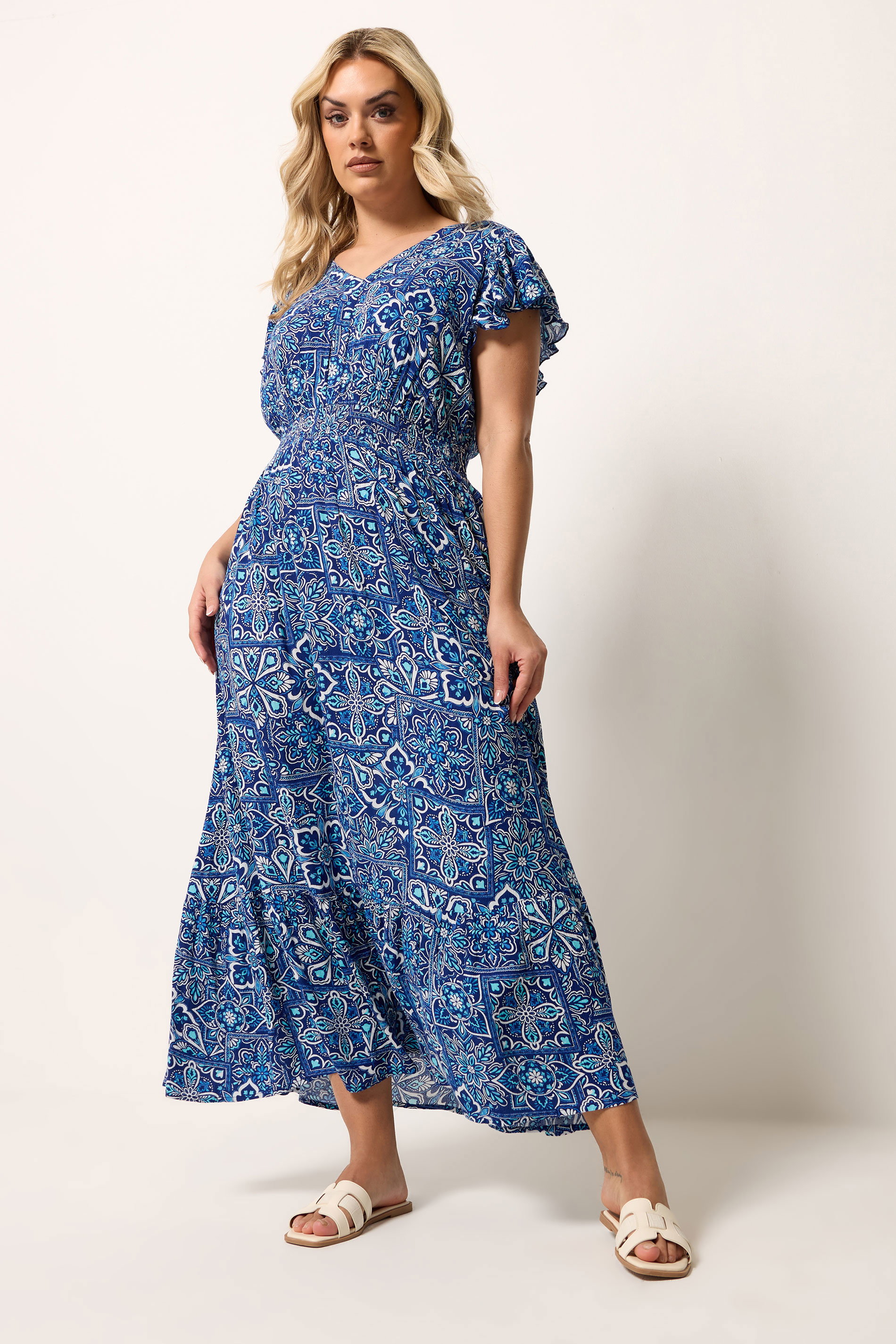 YOURS Plus Size Blue Tile Print Maxi Dress | Yours Clothing 1