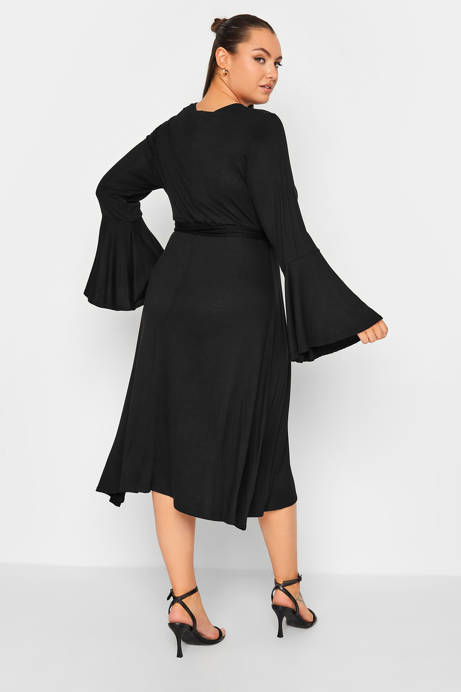 LIMITED COLLECTION Plus Size Black Flare Sleeve Wrap Dress | Yours Clothing 3
