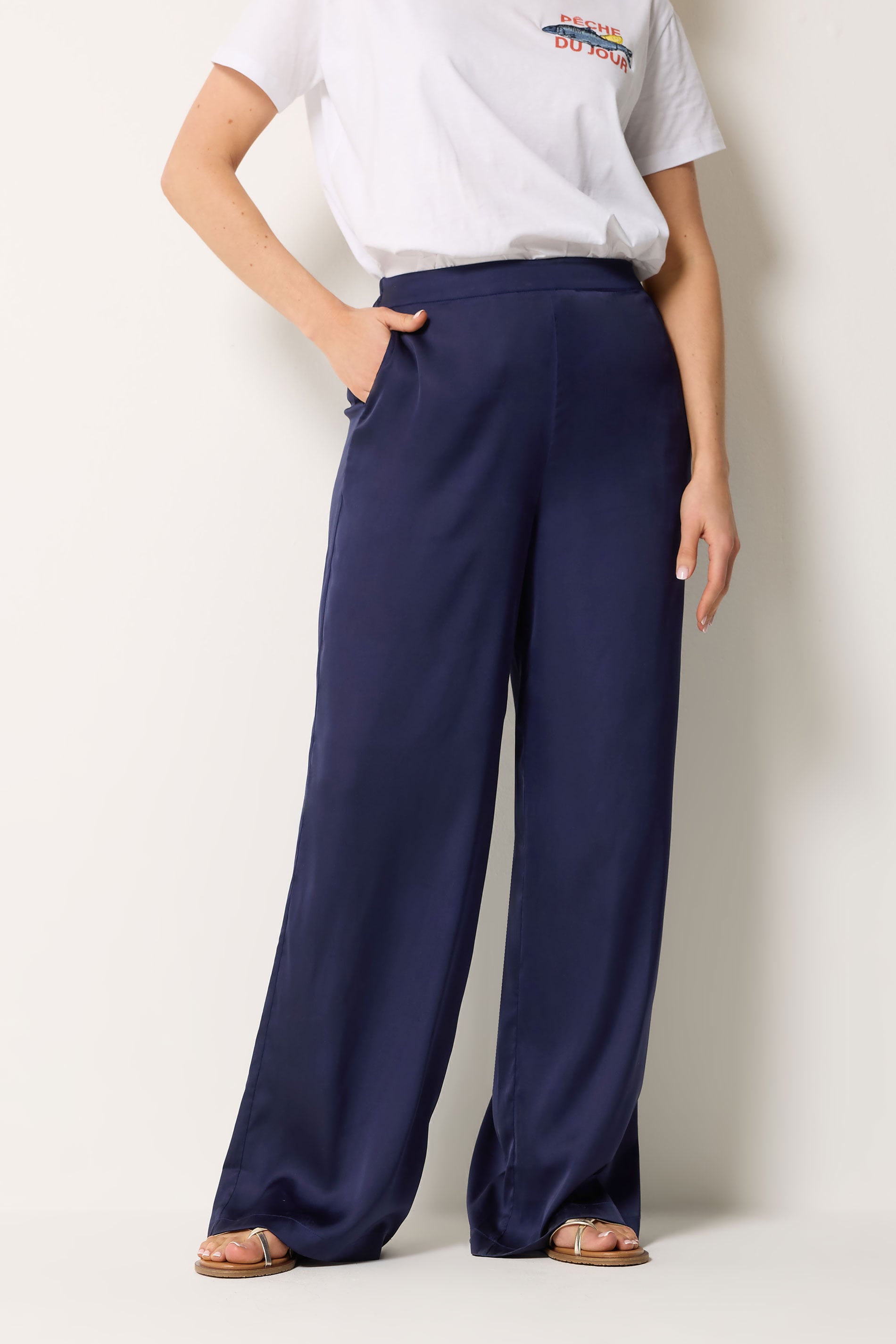 LTS Tall Women's Navy Blue Satin Wide Leg Trousers | Long Tall Sally 2