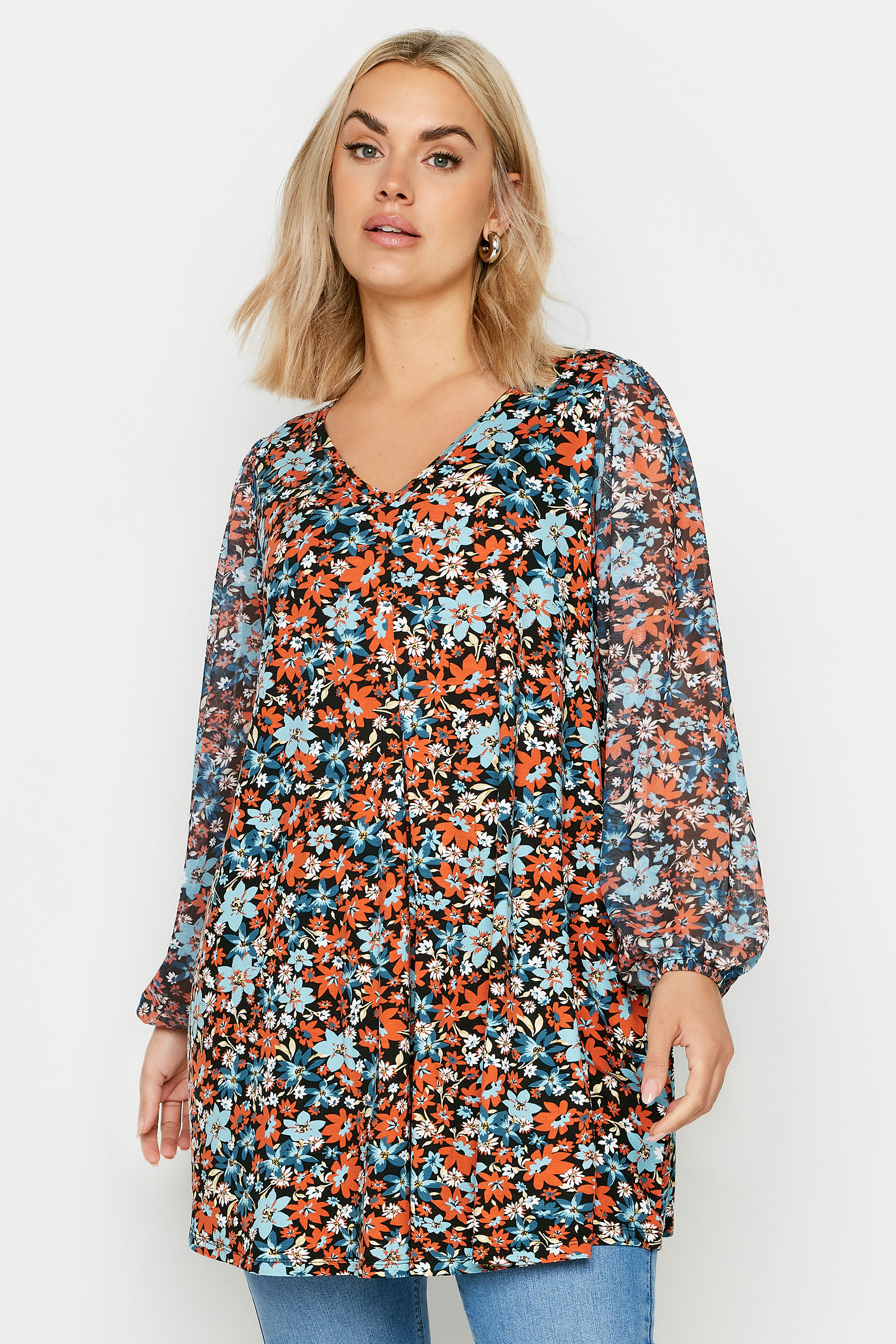 YOURS Plus Size Orange & Blue Floral Mesh Sleeve Blouse | Yours Clothing 1