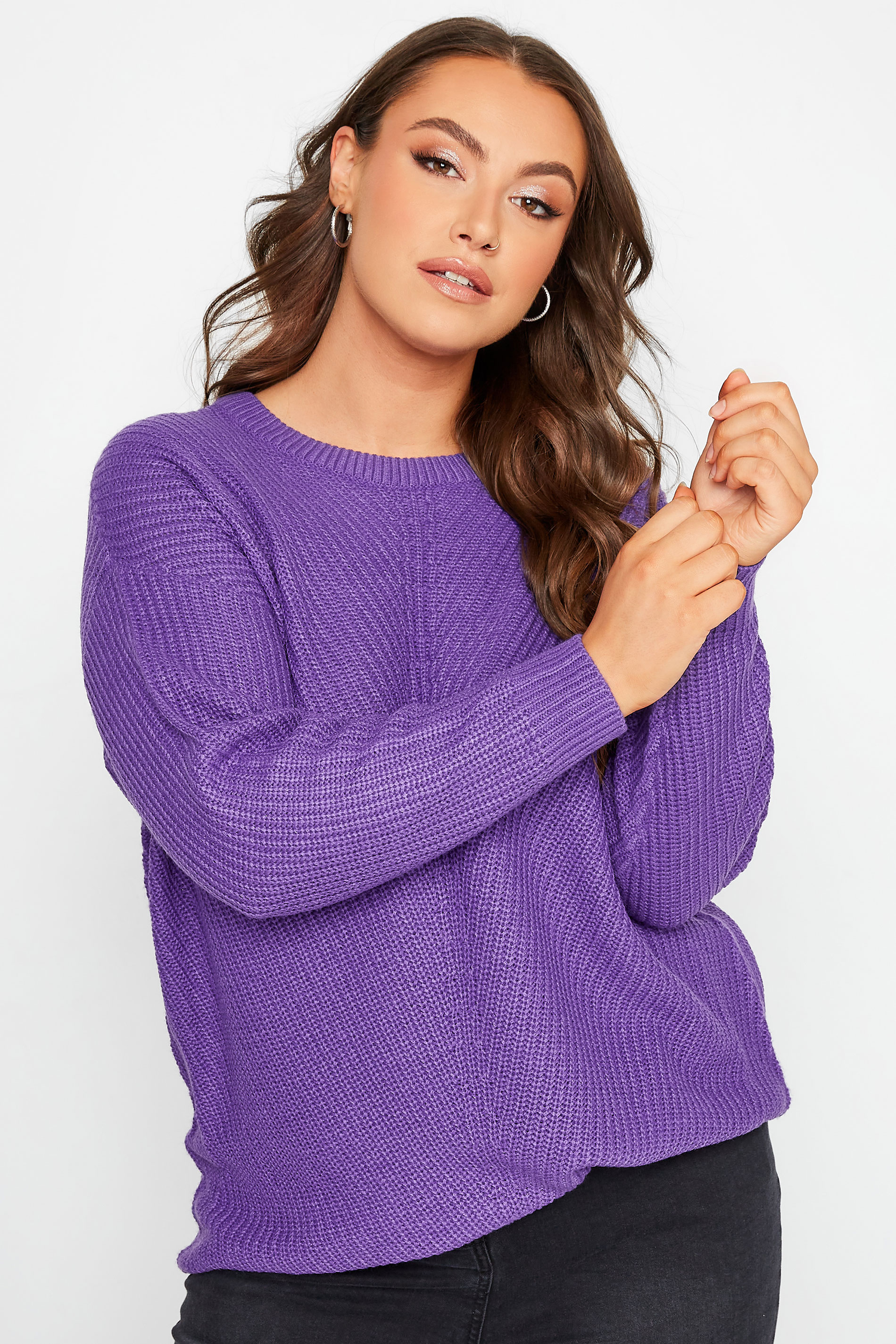 Plus Size Bright Purple Essential Knitted Jumper | Yours Clothing 2