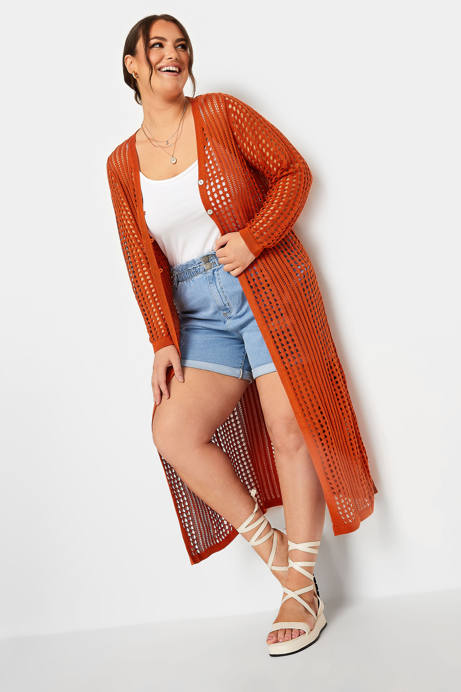 YOURS Plus Size Orange Crochet Button Longline Cardigan | Yours Clothing 2