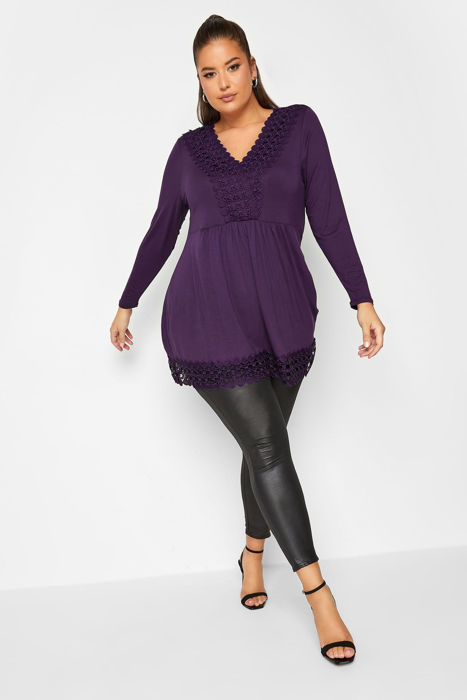 Plus Size Purple Crochet Trim Long Sleeve Tunic Top | Yours Clothing 2