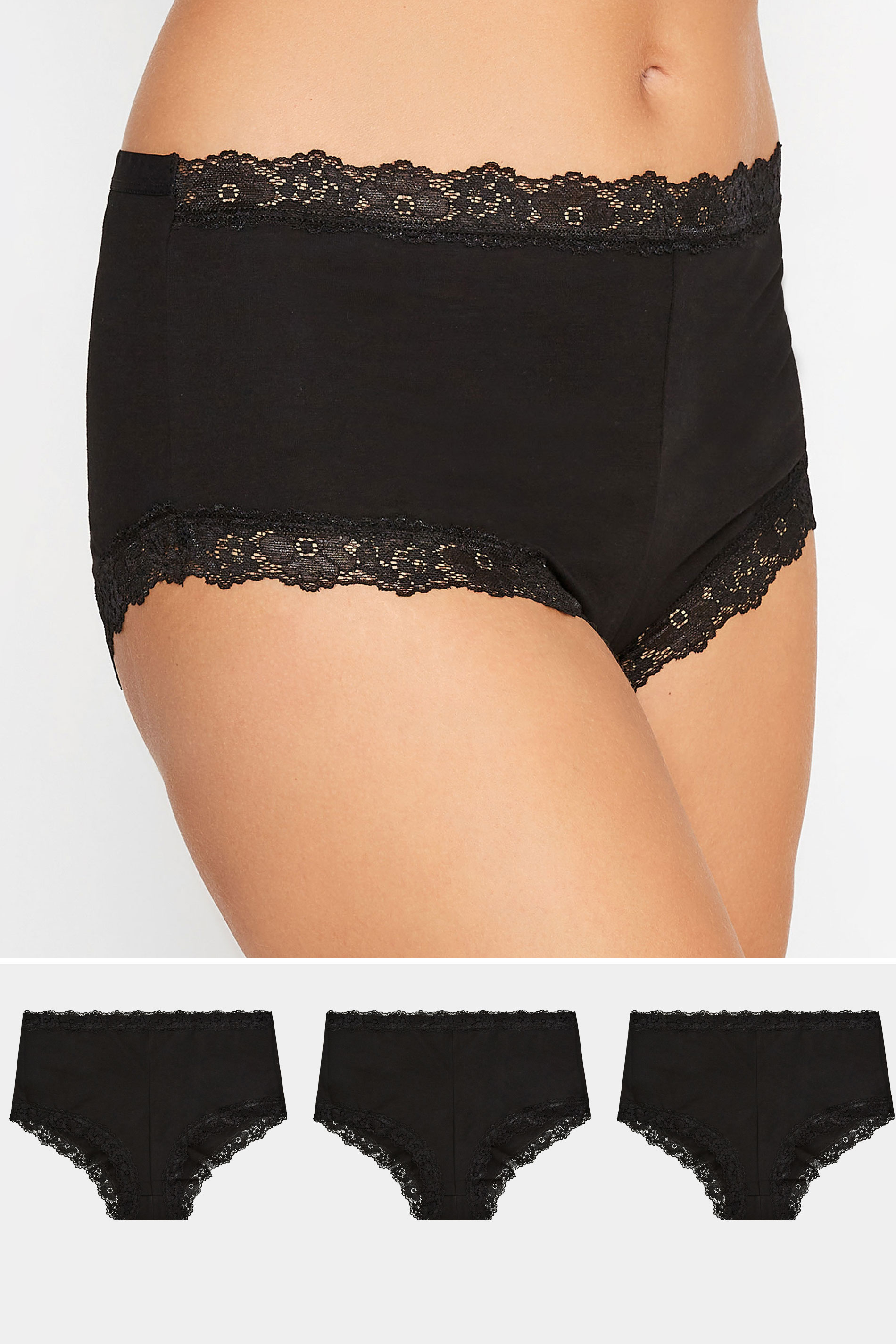 LTS Tall 3 PACK Black Scalloped Lace Trim Brief Pants | Long Tall Sally 1