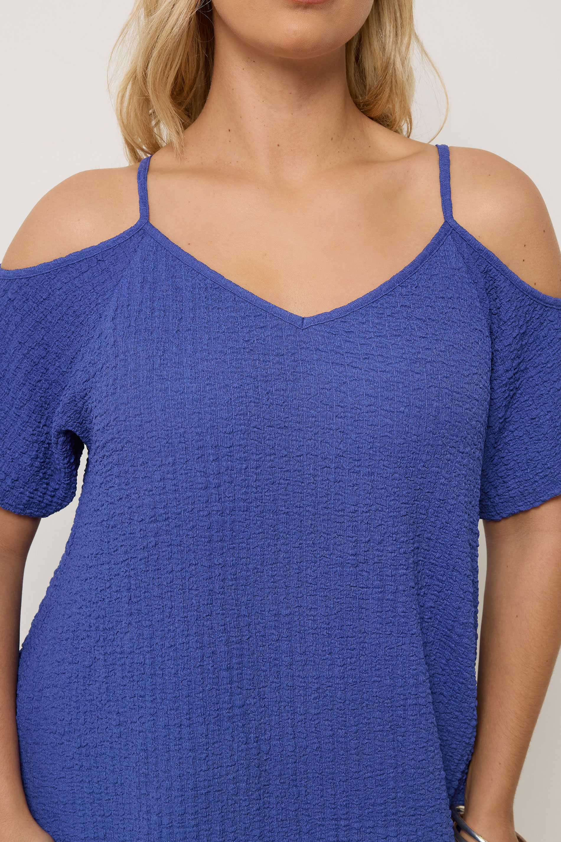YOURS Curve Blue Texture Cold Shoulder Dress  4