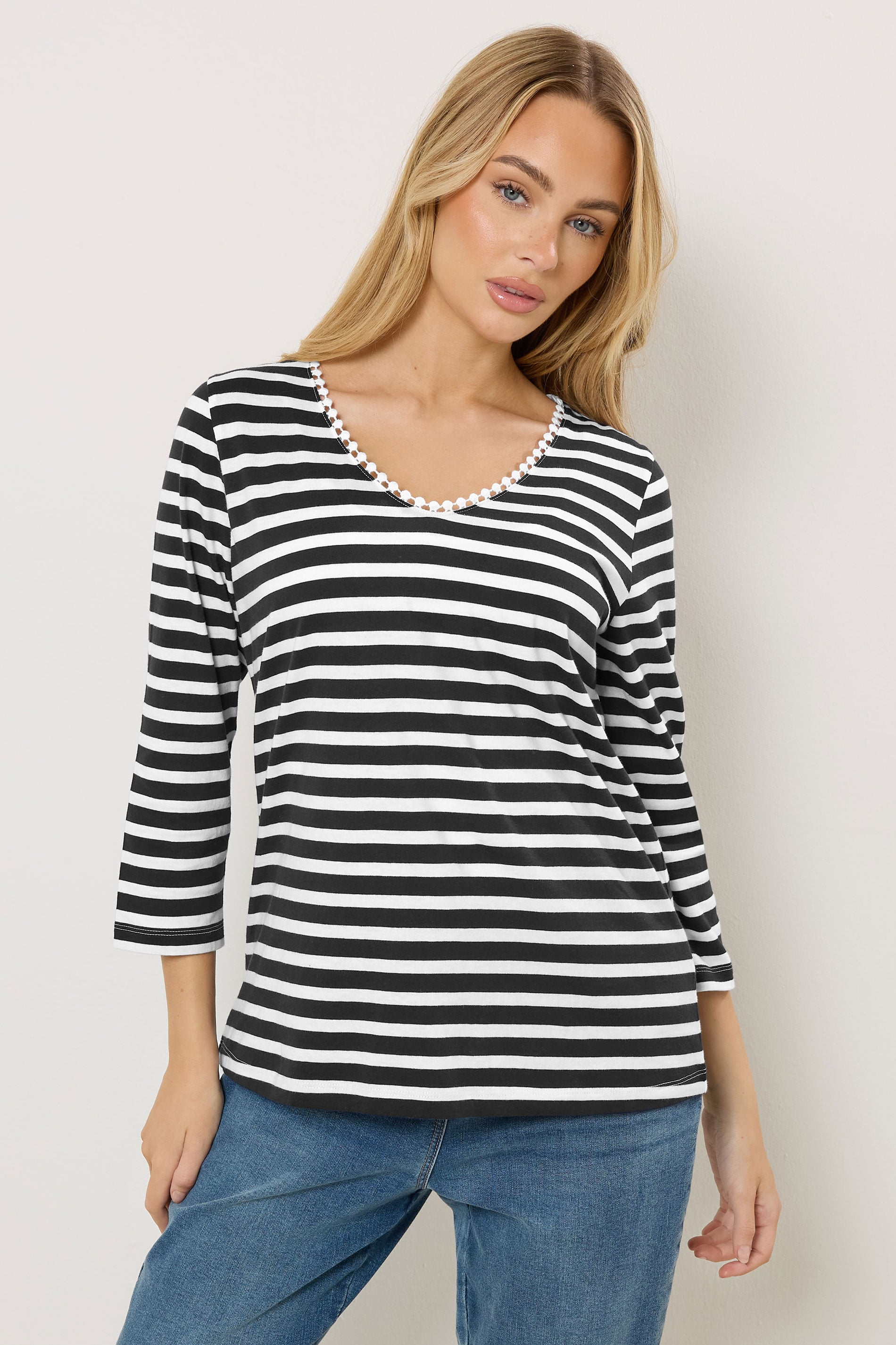 M&Co Navy Blue Stripe Cotton Neck Trim Top | M&Co 3